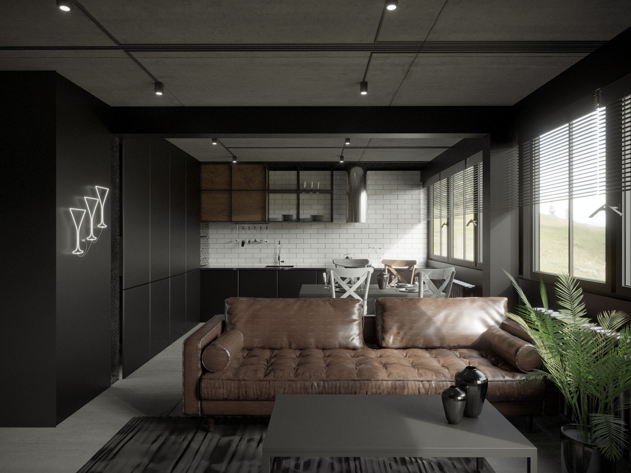 Loftowe wnętrze: brązowa skórzana sofa, czarny stolik kawowy, neonowy znak kieliszków na czarnej ścianie, otwarta kuchnia z białymi płytkami i czarnymi szafkami.