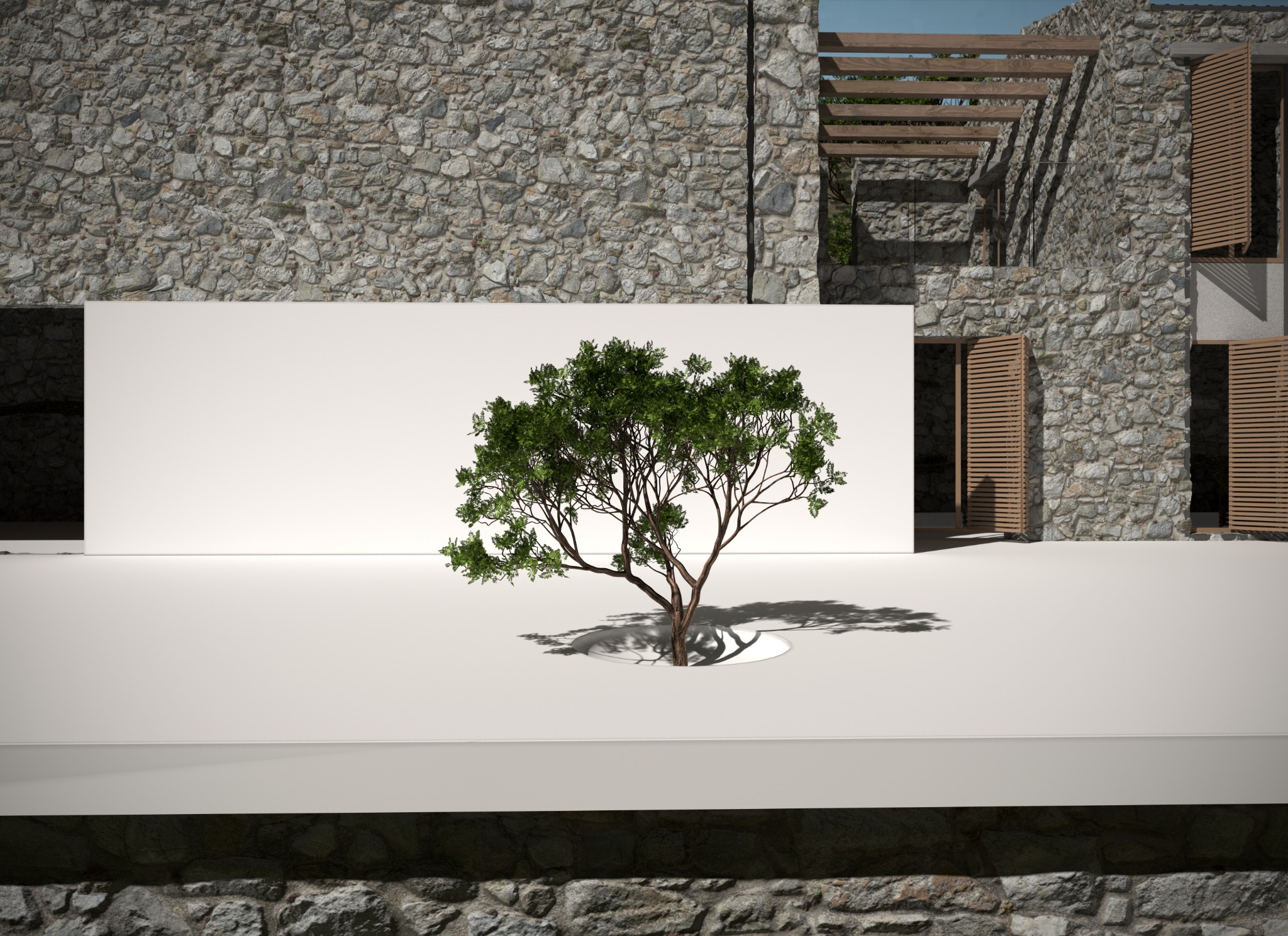 Wizualizacja domu z kamienia z minimalistycznym tarasem i drzewem rosnącym ze specjalnego otworu w posadzce.