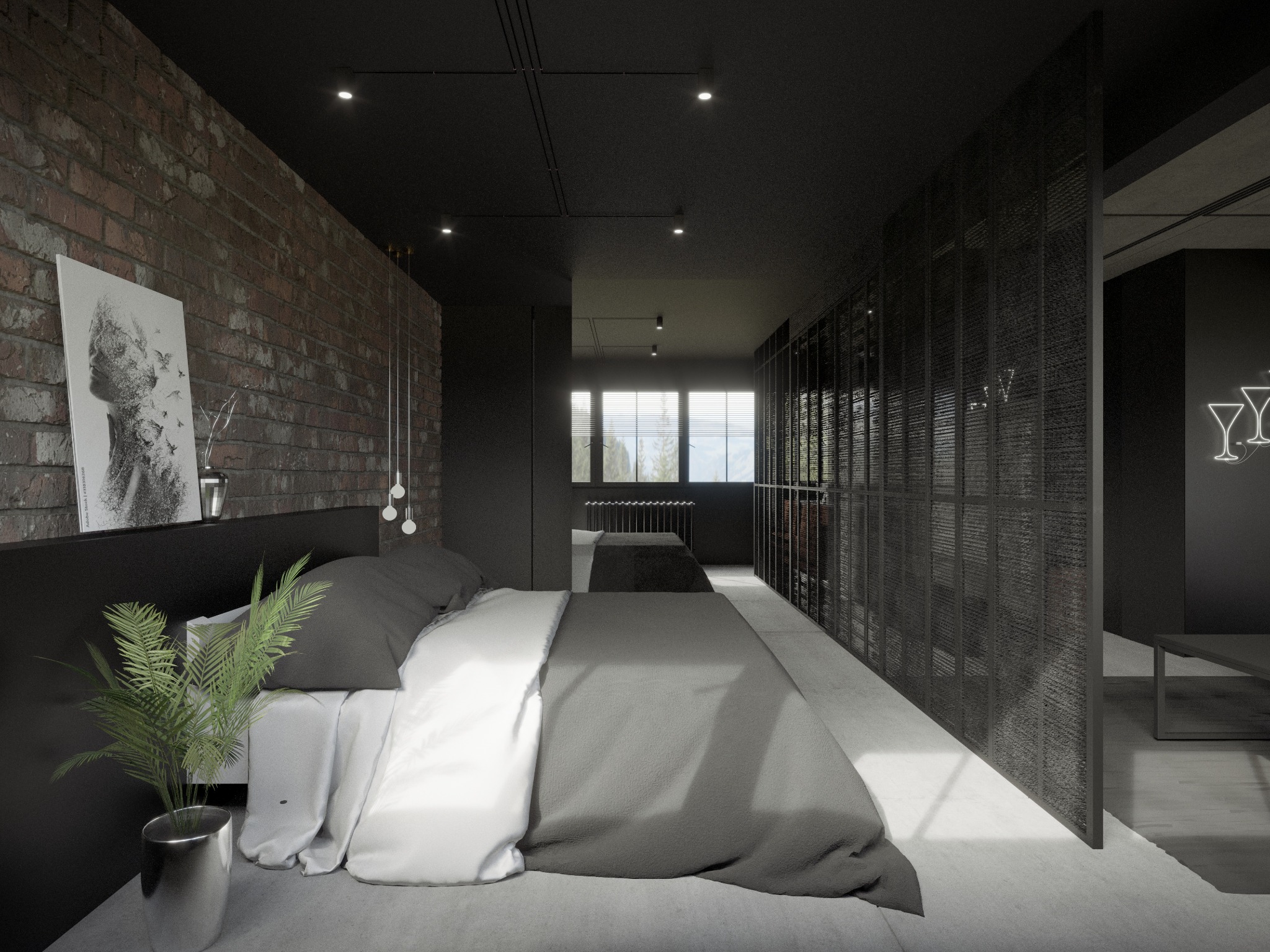 Nowoczesna sypialnia w ciemnej tonacji z ceglaną ścianą, minimalistycznym oświetleniem, rośliną w srebrnej doniczce przy łóżku i abstrakcyjnym obrazem na ścianie.