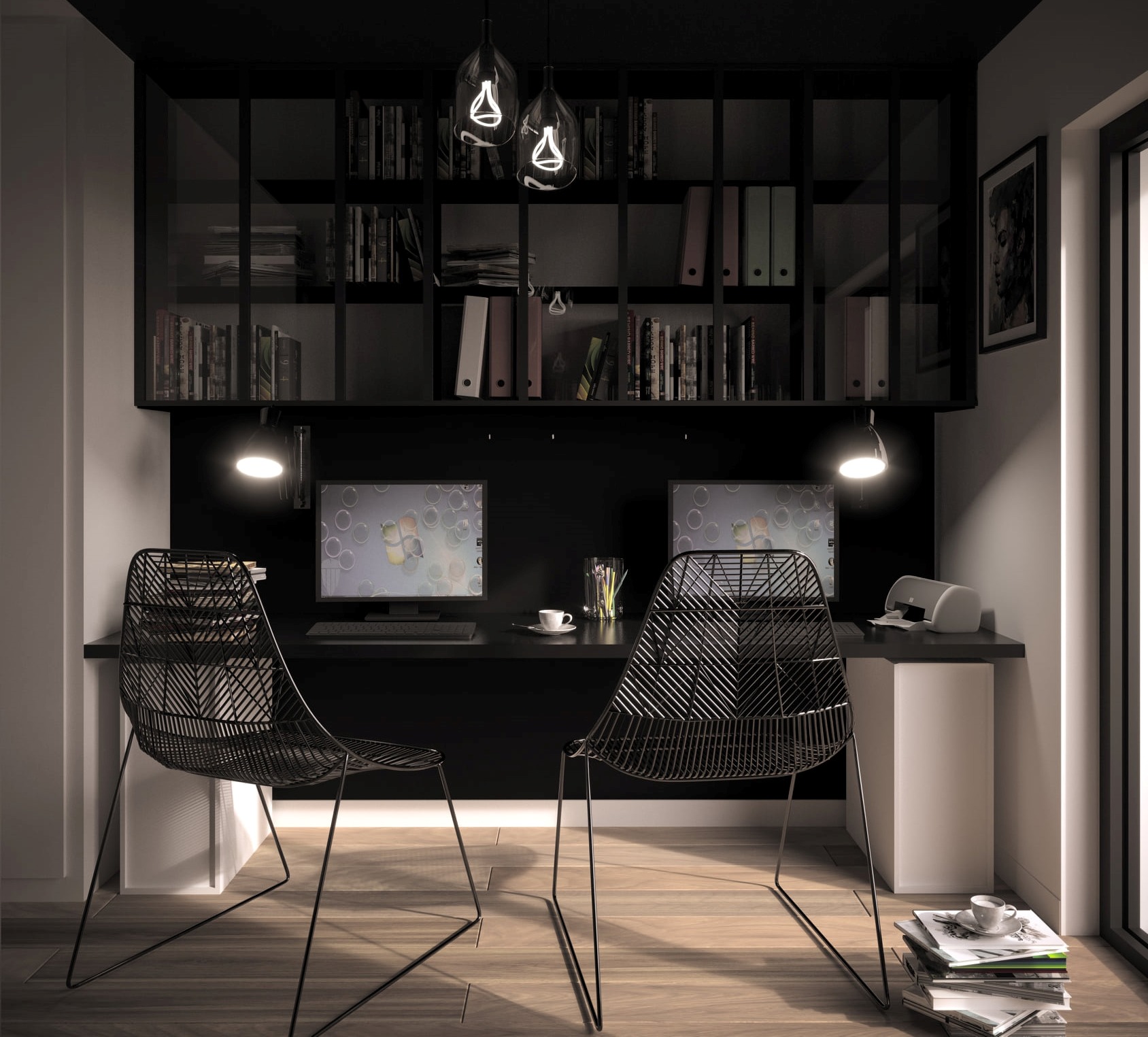 Nowoczesne biuro domowe z czarnym biurkiem, ażurowymi krzesłami i podświetlaną półką na książki, uzupełnione minimalistycznymi lampami wiszącymi i stosami magazynów na podłodze.