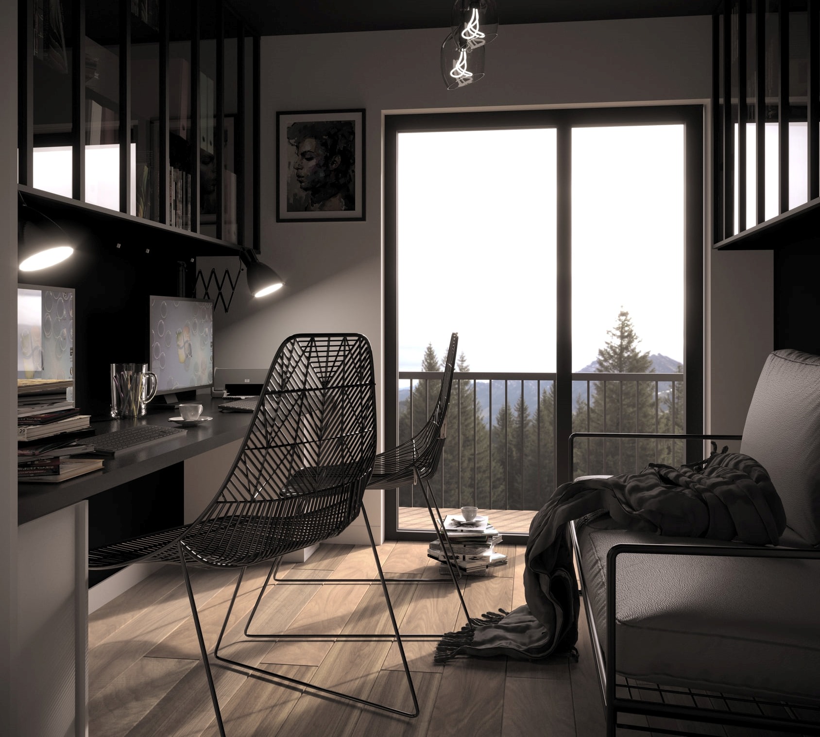 Wizualizacja pokoju do pracy z biurkiem, dwoma monitorami, czarnymi krzesłami z siatki, sofą z narzutą i widokiem na las za oknem.