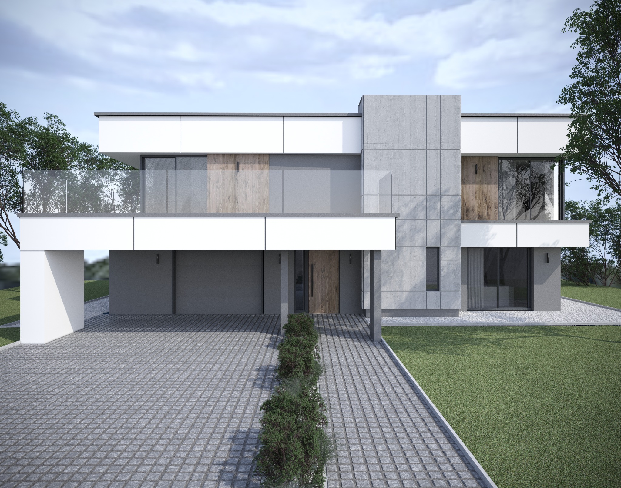 Dwukondygnacyjny dom w stylu nowoczesnym z płaskim dachem, elewacją z białych paneli i szarego betonu, przeszkloną balustradą balkonu i brukowanym podjazdem z zielonymi krzewami.