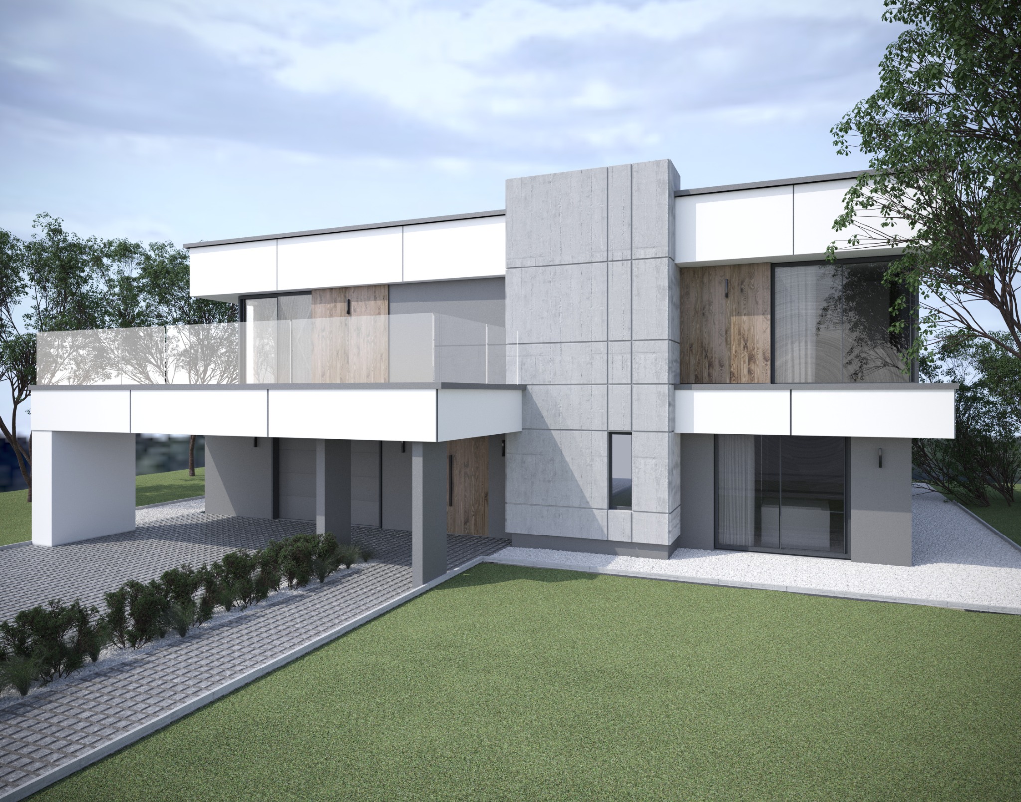 Wizualizacja nowoczesnego domu z płaskim dachem, betonową elewacją i drewnianymi panelami, z tarasem z szklaną balustradą oraz podjazdem z ażurowych płyt.