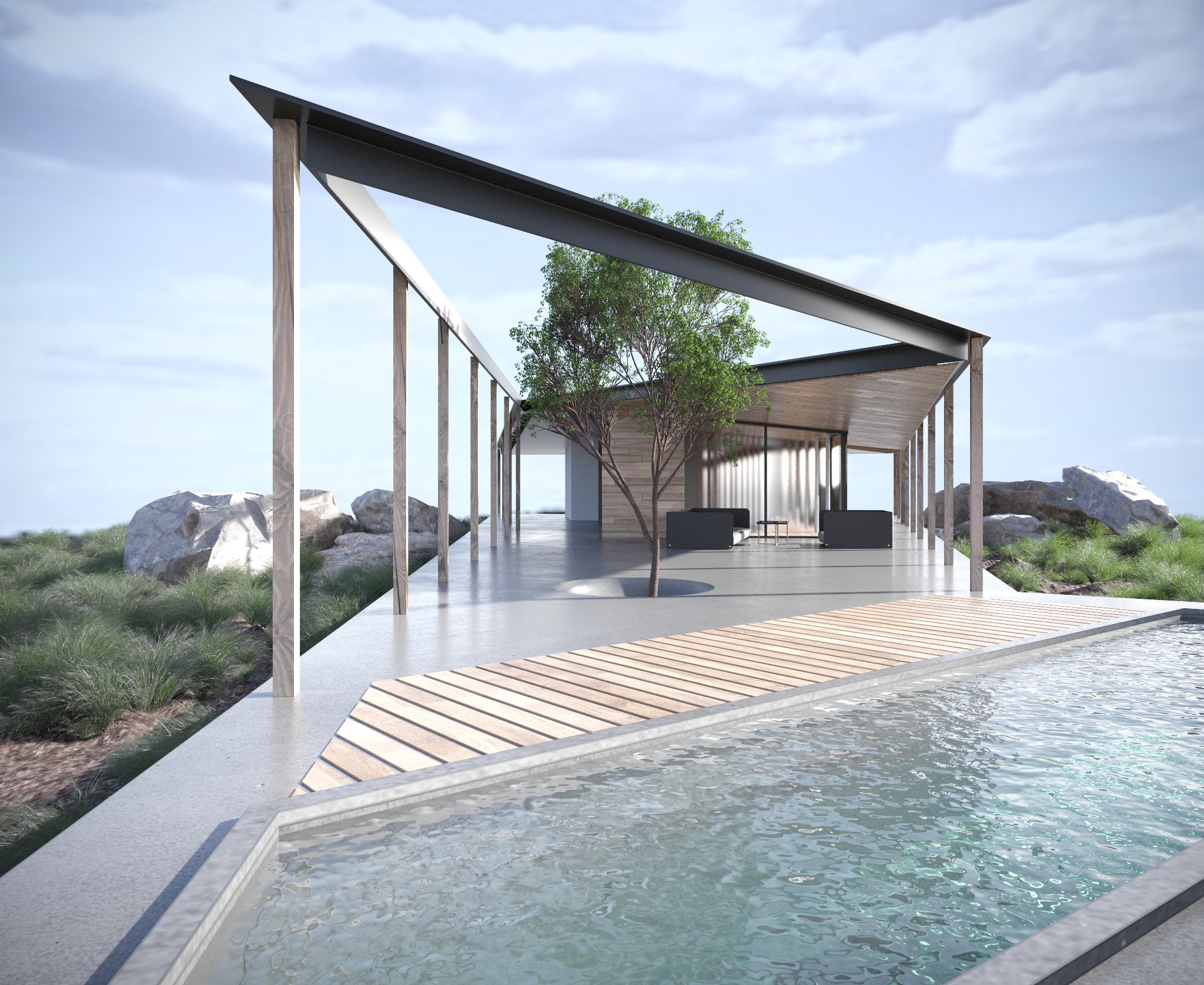 Nowoczesny dom z płaskim dachem i basenem, otoczony naturalnym krajobrazem z skałami i zielenią. Wnętrze widoczne przez szklane ściany, z minimalistycznym wystrojem i drzewem rosnącym wewnątrz.