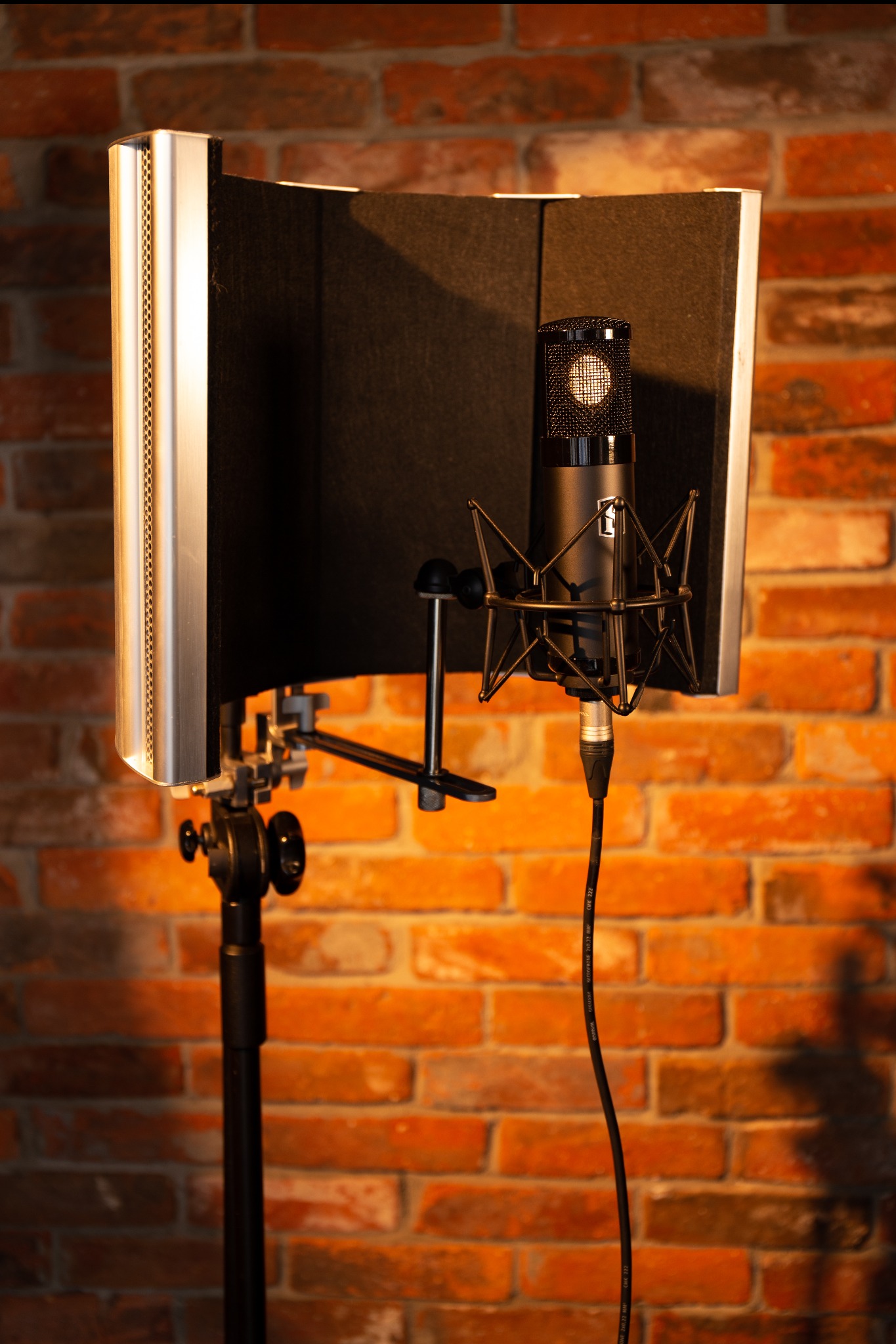 Studyjny mikrofon pojemnościowy z filtrem antypop, umieszczony na statywie, na tle ściany z cegły, oświetlony ciepłym światłem.