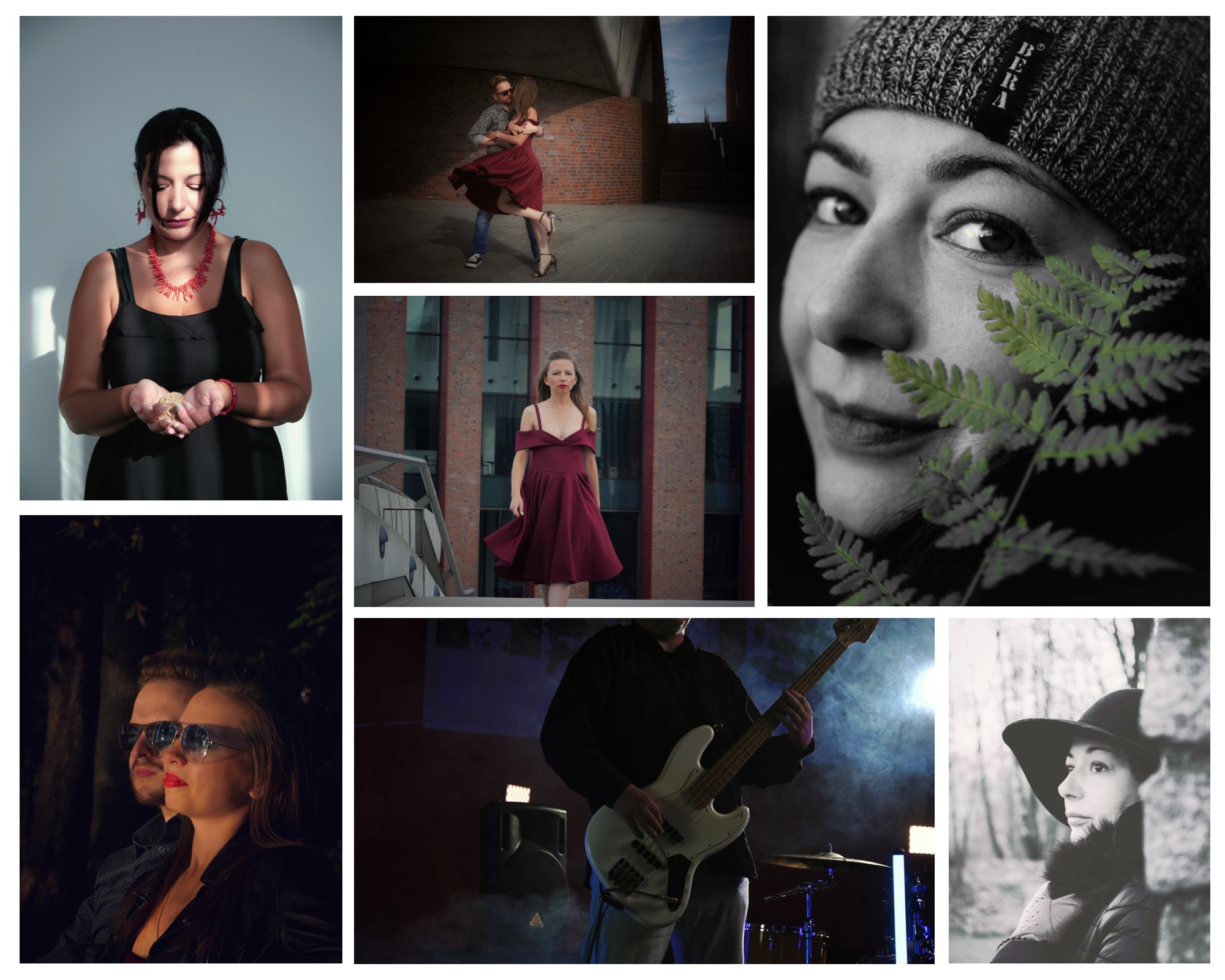 Kolaż różnych zdjęć: kobieta z koralami trzymająca muszlę, para tańcząca na tle ceglanej ściany, portret kobiety z paprocią, kobieta w czerwonej sukience na tle budynku, para w okularach...