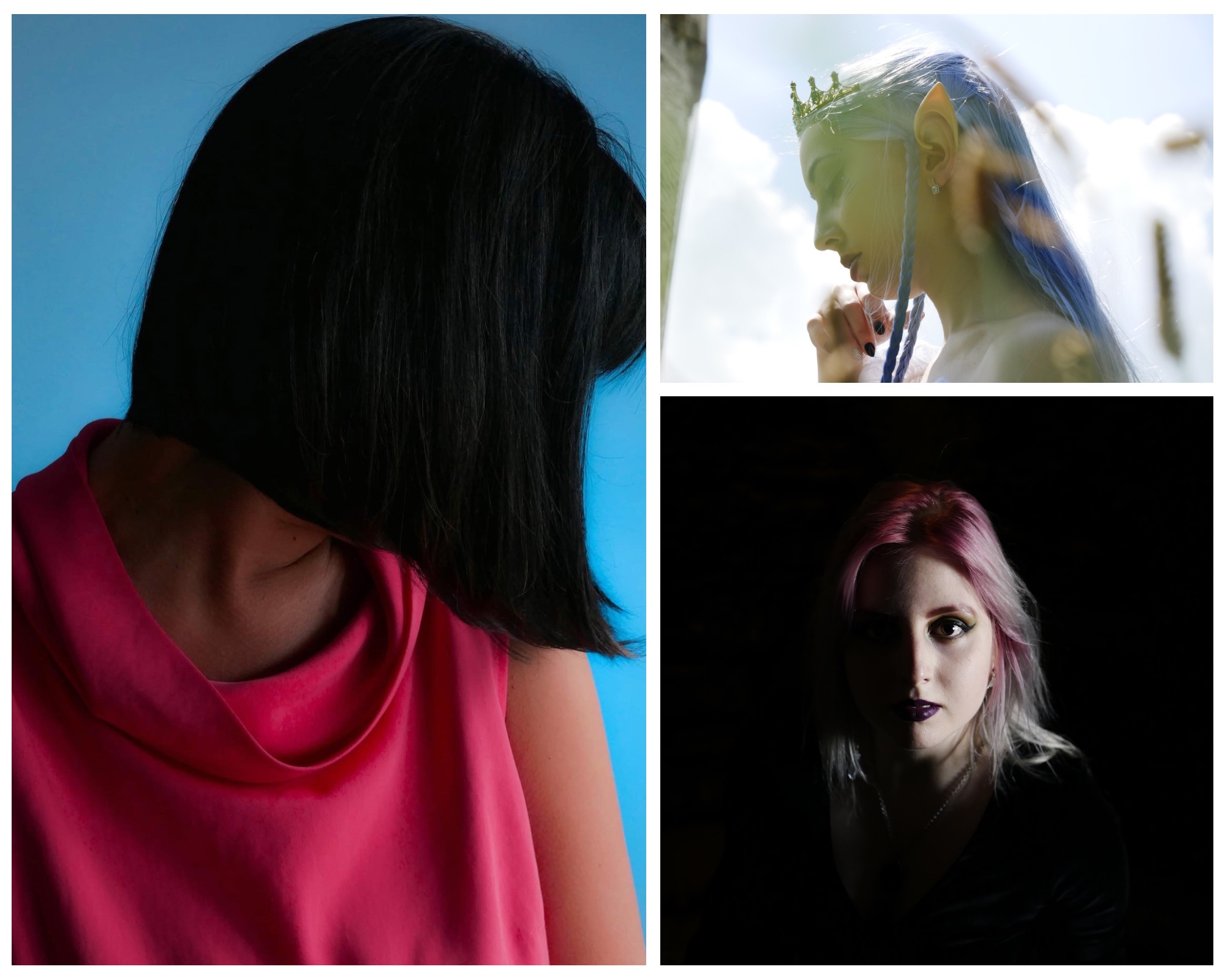 Kolaż trzech portretów: kobieta w różowej bluzce na niebieskim tle, kobieta przebrana za elfkę z koroną i warkoczami, kobieta z różowymi włosami w ciemności.