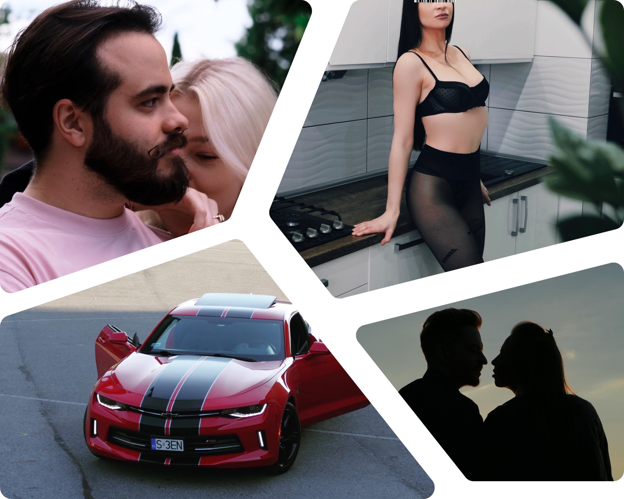 Kompozycja z czterech ujęć: zbliżenie na parę, kobieta w bieliźnie w kuchni, czerwony samochód sportowy z otwartymi drzwiami, sylwetki pary na tle zachodzącego słońca.