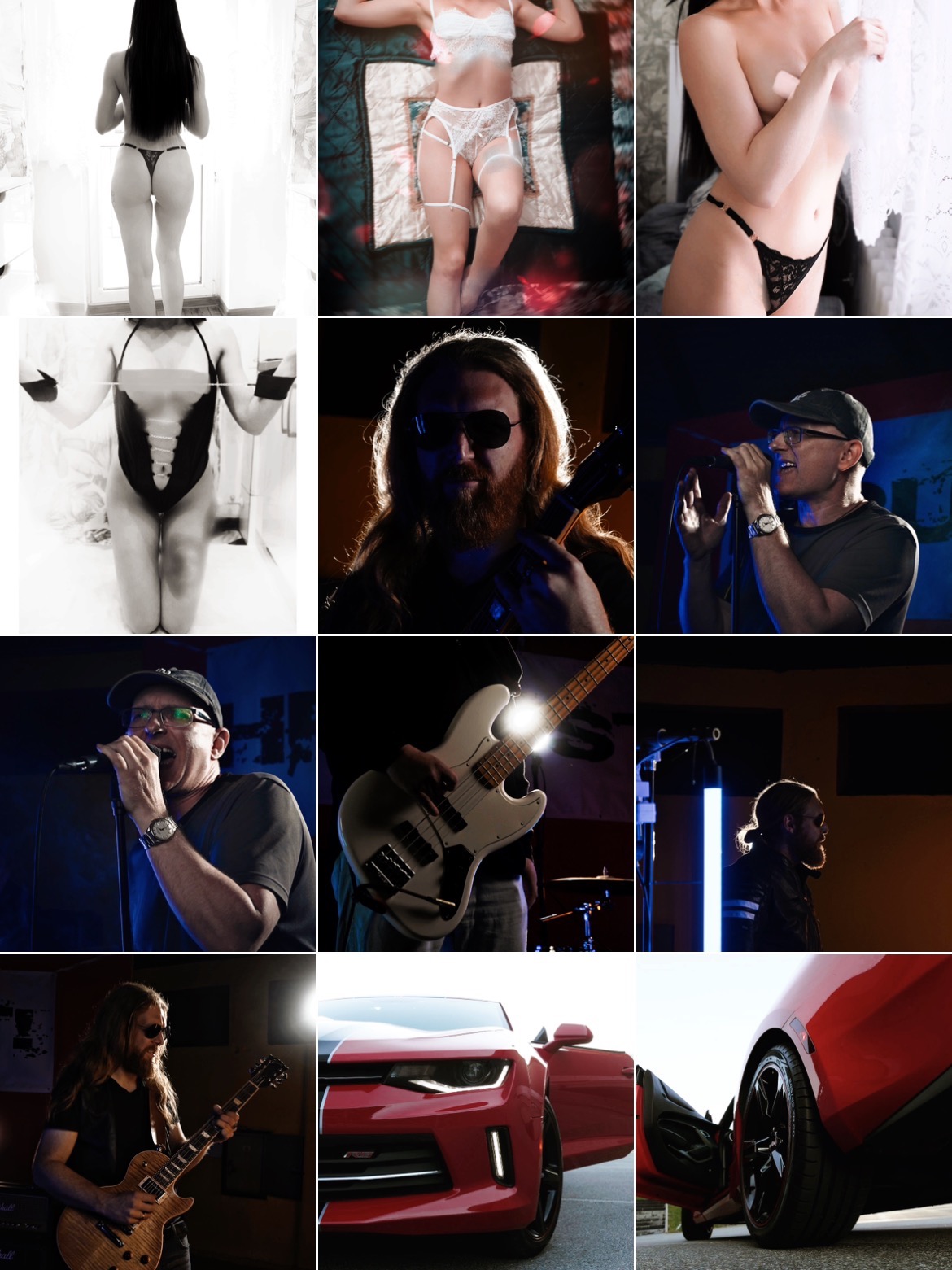 Kolaż zdjęć przedstawiający modelki w bieliźnie, muzyków z gitarami i mikrofonami oraz czerwony samochód sportowy.