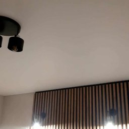 Henryk P - Biały sufit z czarną, nowoczesną lampą dwupunktową. Dekoracyjna ściana z drewnianych listewek i kinkietami. Minimalistyczny design wnętrza.