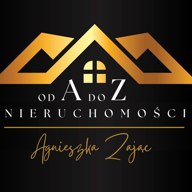 Złote logo firmy nieruchomości 'Od A do Z Nieruchomości' z nazwiskiem Agnieszka Zając na czarnym tle.