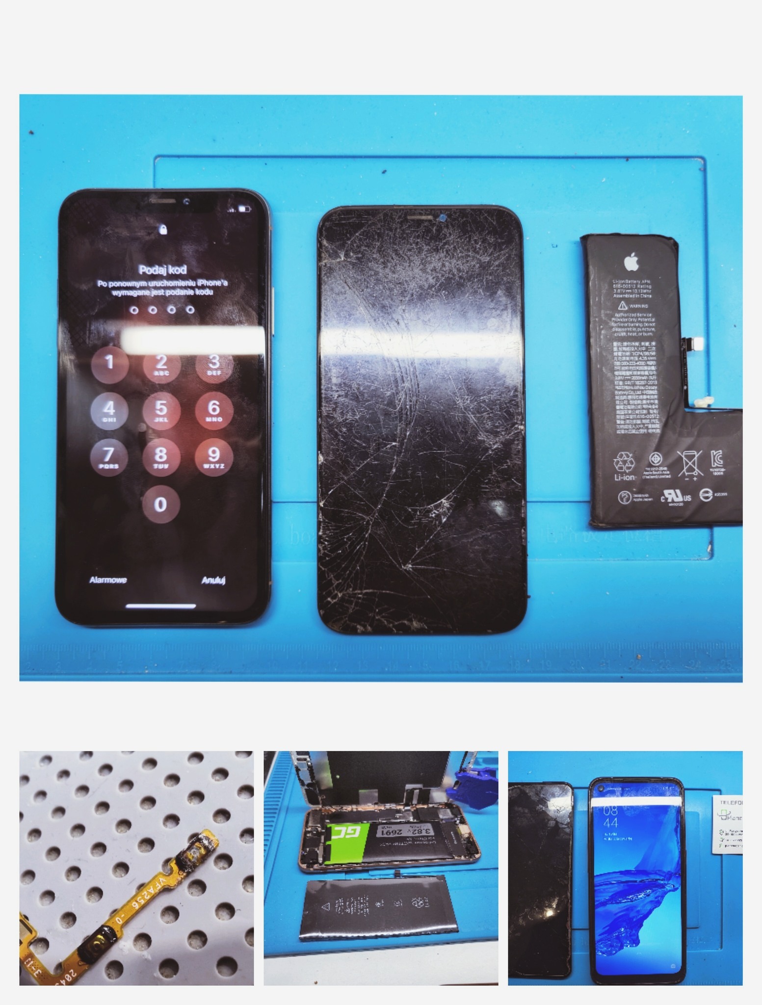 Rozłożone telefony: iPhone z ekranem blokady i uszkodzonym ekranem obok baterii na niebieskiej macie serwisowej.