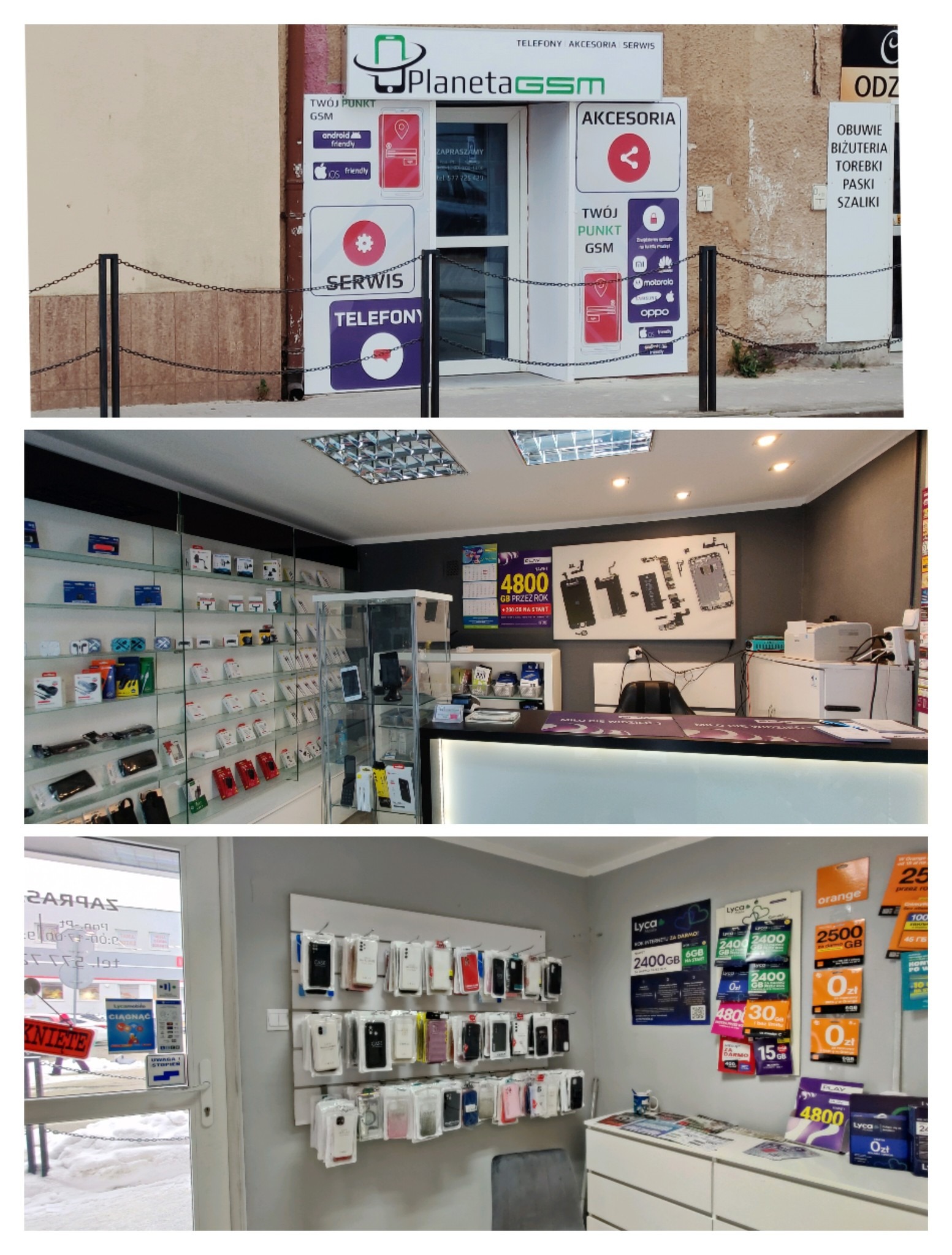 Wnętrze punktu GSM z ladą, regałami pełnymi akcesoriów i plakatami reklamowymi ofert operatorów komórkowych, widok na wejście z zewnątrz z oznaczeniem 'Serwis Telefonów'.