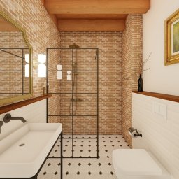 MG Interior Art Marta Godun - Wnętrze łazienki w stylu loft z ceglanymi ścianami, kabiną prysznicową typu walk-in z czarną ramą, białą umywalką nablatową z czarną armaturą, toaletą i biało-czarną podłogą w karo. Nad toaletą...