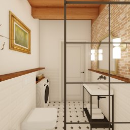 MG Interior Art Marta Godun - Wizualizacja łazienki w stylu rustykalnym z elementami loftu: ceglana ściana, czarna rama szklanej kabiny, biała umywalka na metalowym stelażu, toaleta z zabudowaną spłuczką, pralka i czarno-biała...