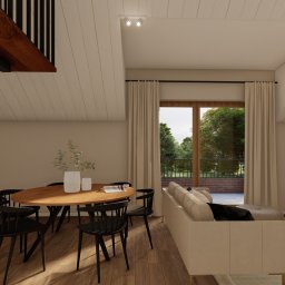 MG Interior Art Marta Godun - Wnętrze domu z ceglaną ścianą, drewnianymi schodami spiralnymi, okrągłym stołem jadalnym z czarnymi krzesłami, beżową sofą i dużym oknem balkonowym z widokiem na zieleń.