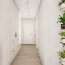 Wnętrze mieszkania z elementami drewnianymi: szafki kuchenne z blatem, wysoka zabudowa szaf w korytarzu z złotymi uchwytami, dekoracyjna półka ścienna z roślinami doniczkowymi i regał z książkami...