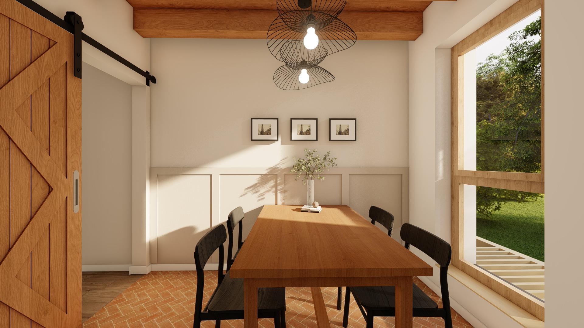 Wizualizacja jadalni z drewnianym stołem, czarnymi krzesłami, przesuwanymi drzwiami stodołowymi i widokiem na zieleń przez okno.