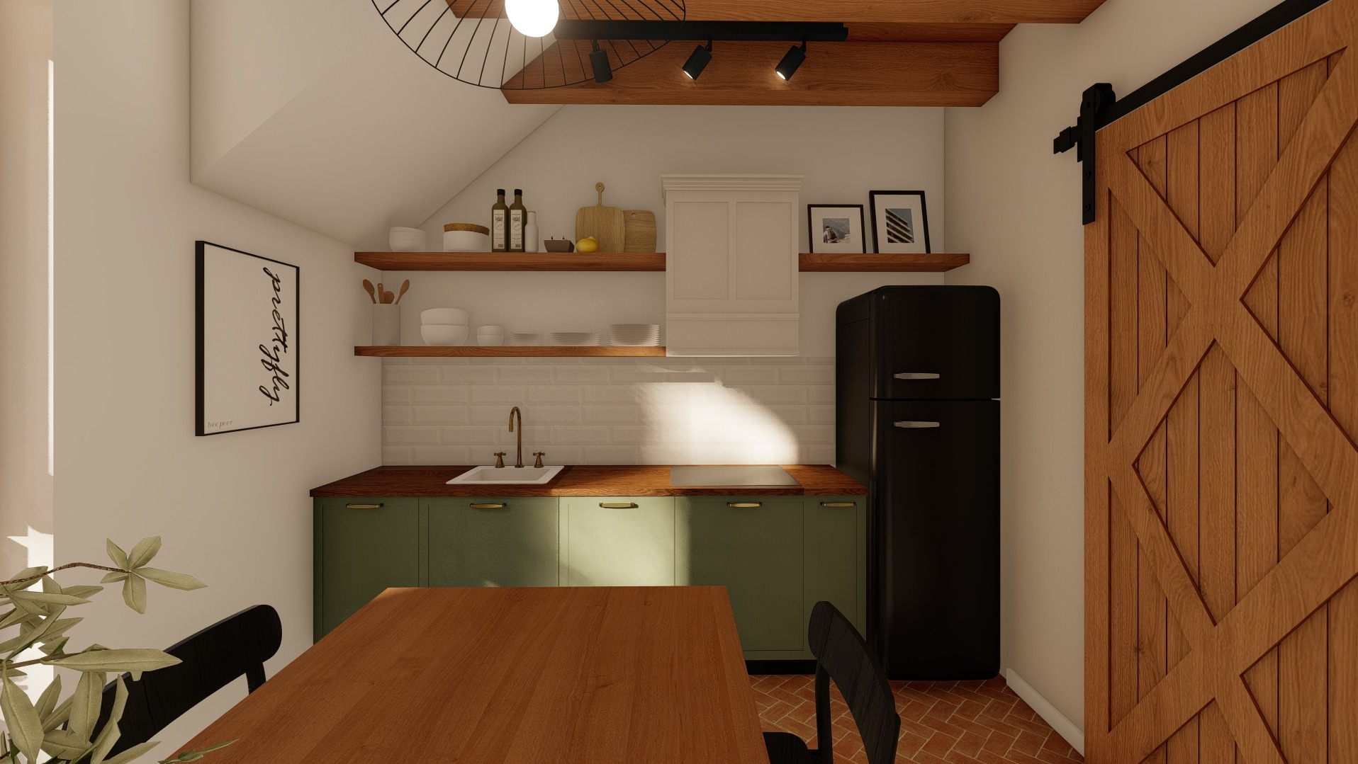 Wizualizacja kuchni w stylu rustykalnym z zielonymi szafkami, drewnianym blatem i przesuwnymi drzwiami stodołowymi, oświetlona lampą wiszącą i reflektorami.