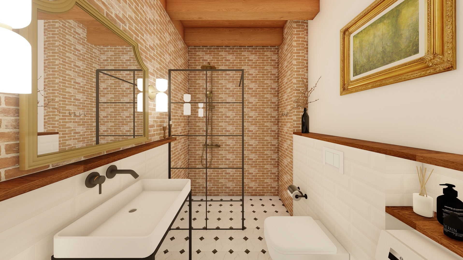 Wnętrze łazienki w stylu loft z ceglanymi ścianami, kabiną prysznicową typu walk-in z czarną ramą, białą umywalką nablatową z czarną armaturą, toaletą i biało-czarną podłogą w karo. Nad toaletą...