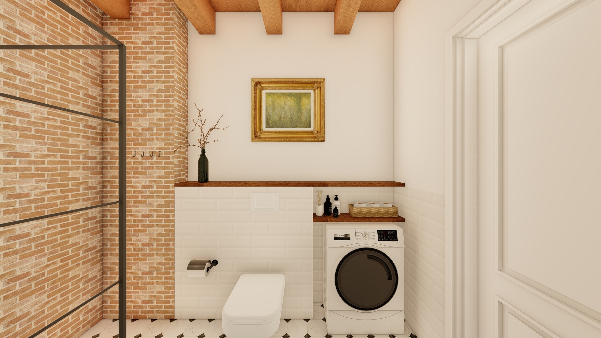 Wizualizacja łazienki z pralką, toaletą, ceglaną ścianą, drewnianymi belkami stropowymi i półkami z dekoracjami, utrzymana w jasnej kolorystyce z elementami rustykalnymi.