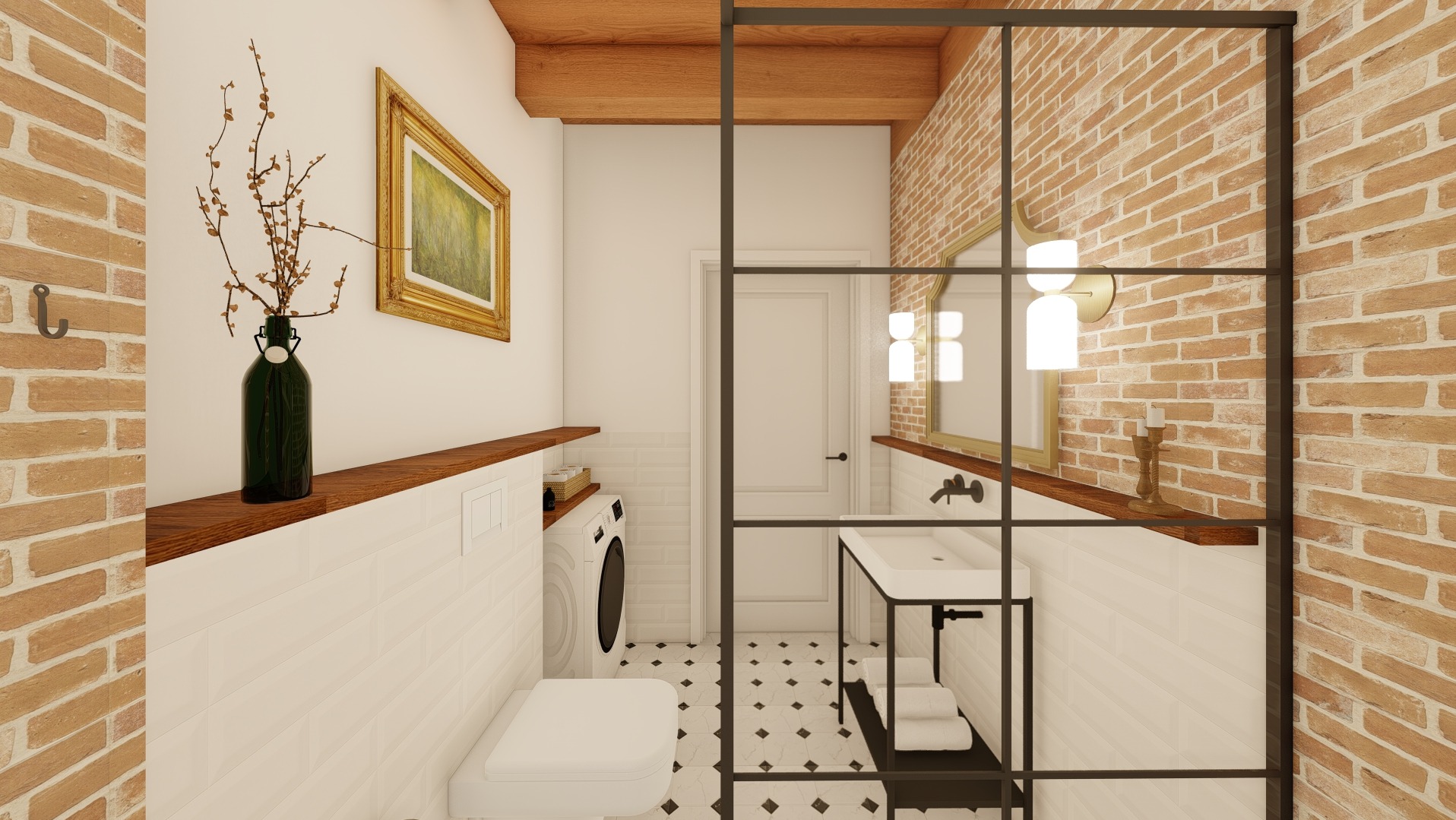 Wizualizacja łazienki w stylu rustykalnym z elementami loftu: ceglana ściana, czarna rama szklanej kabiny, biała umywalka na metalowym stelażu, toaleta z zabudowaną spłuczką, pralka i czarno-biała...