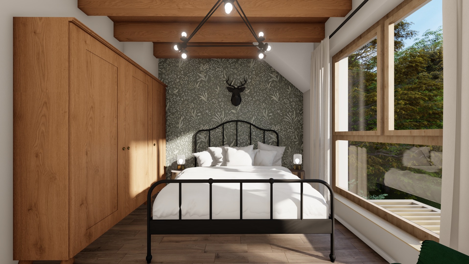 Wizualizacja sypialni z czarnym metalowym łóżkiem, drewnianą szafą w zabudowie, oknem z widokiem na drzewa i tapetą w roślinny wzór z głową jelenia nad łóżkiem.