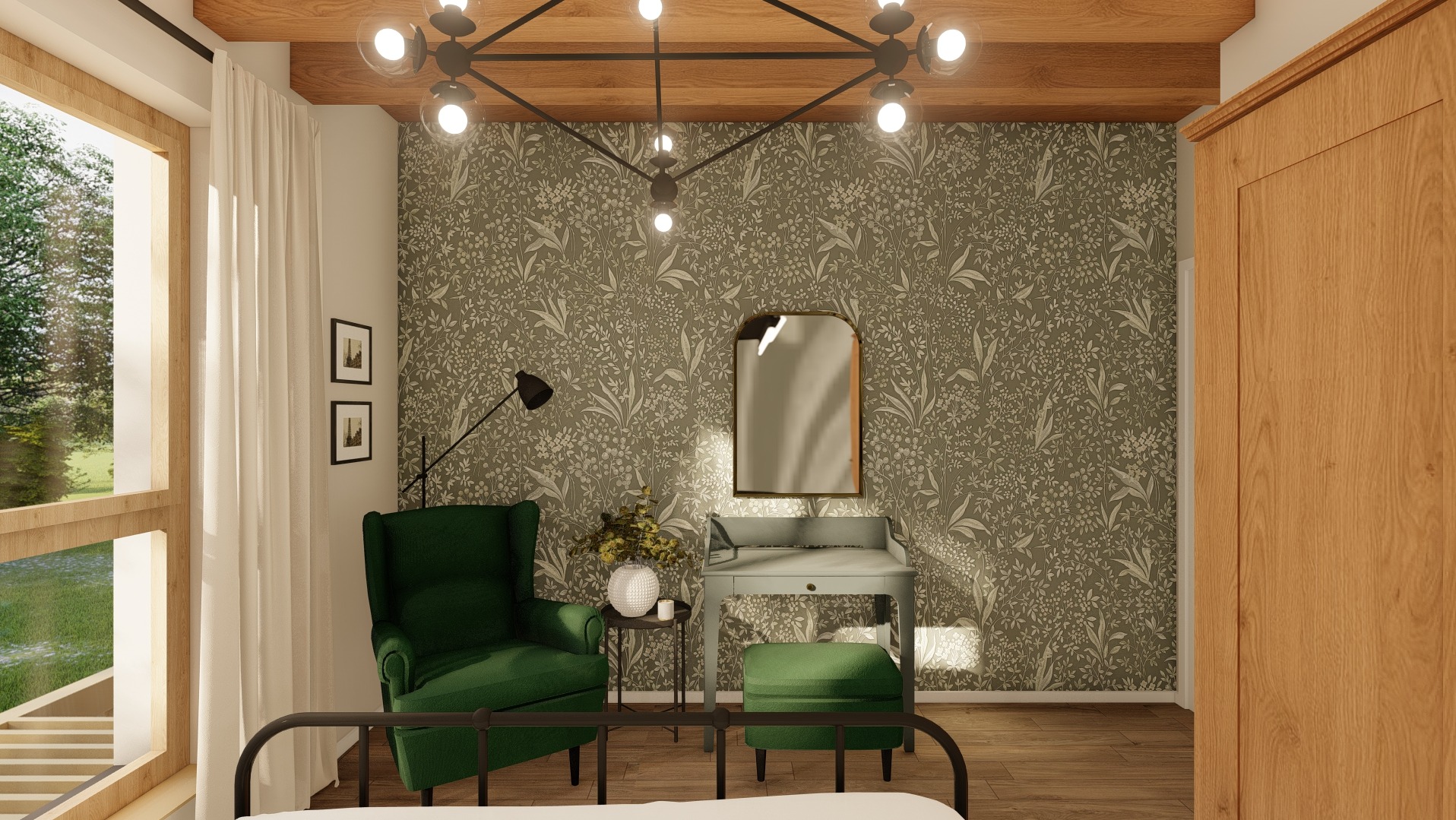 Sypialnia w stylu retro z zielonym fotelem, toaletką z lustrem i tapetą w kwiaty, oświetlona lampą sufitową z żarówkami kulkami.