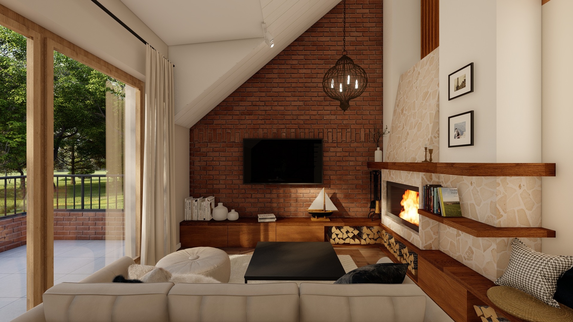 Wnętrze salonu z ceglaną ścianą, kominkiem obłożonym kamieniem, drewnianymi półkami i dużym oknem z widokiem na zieleń. Na półkach książki i dekoracje, pod telewizorem model żaglówki.