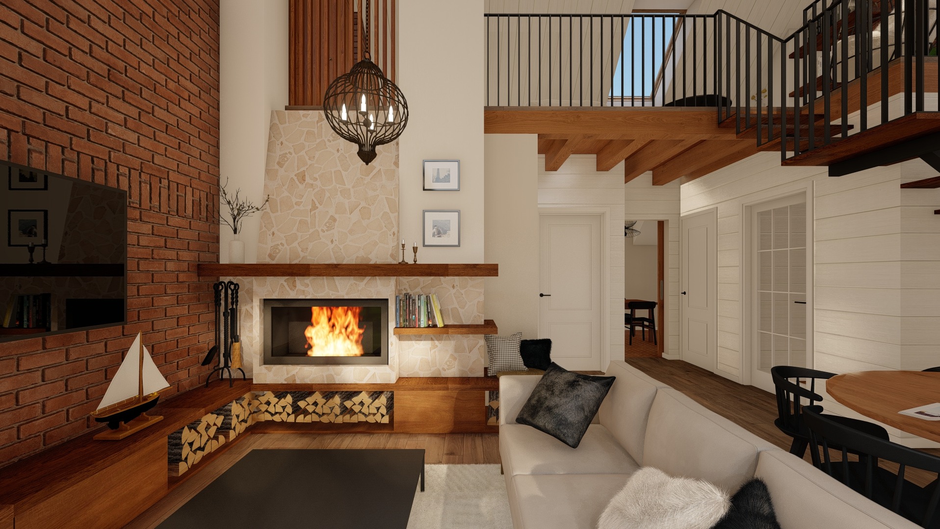 Wizualizacja salonu z ceglaną ścianą, kominkiem z obudową z kamienia, drewnianą podłogą i antresolą z czarną balustradą.