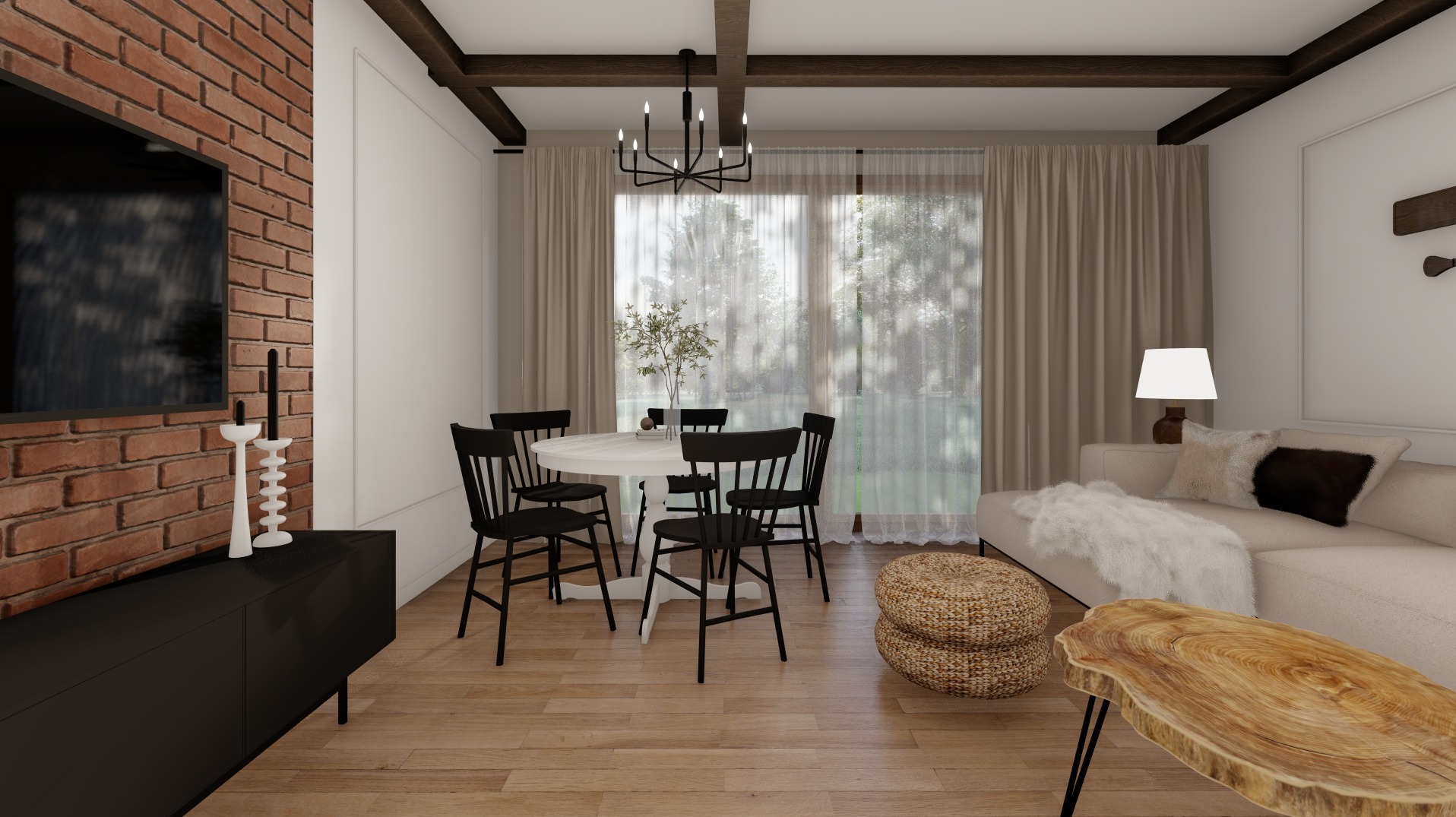 Wizualizacja salonu z ceglaną ścianą, białym stołem jadalnym i drewnianym stolikiem kawowym o nieregularnym kształcie blatu.