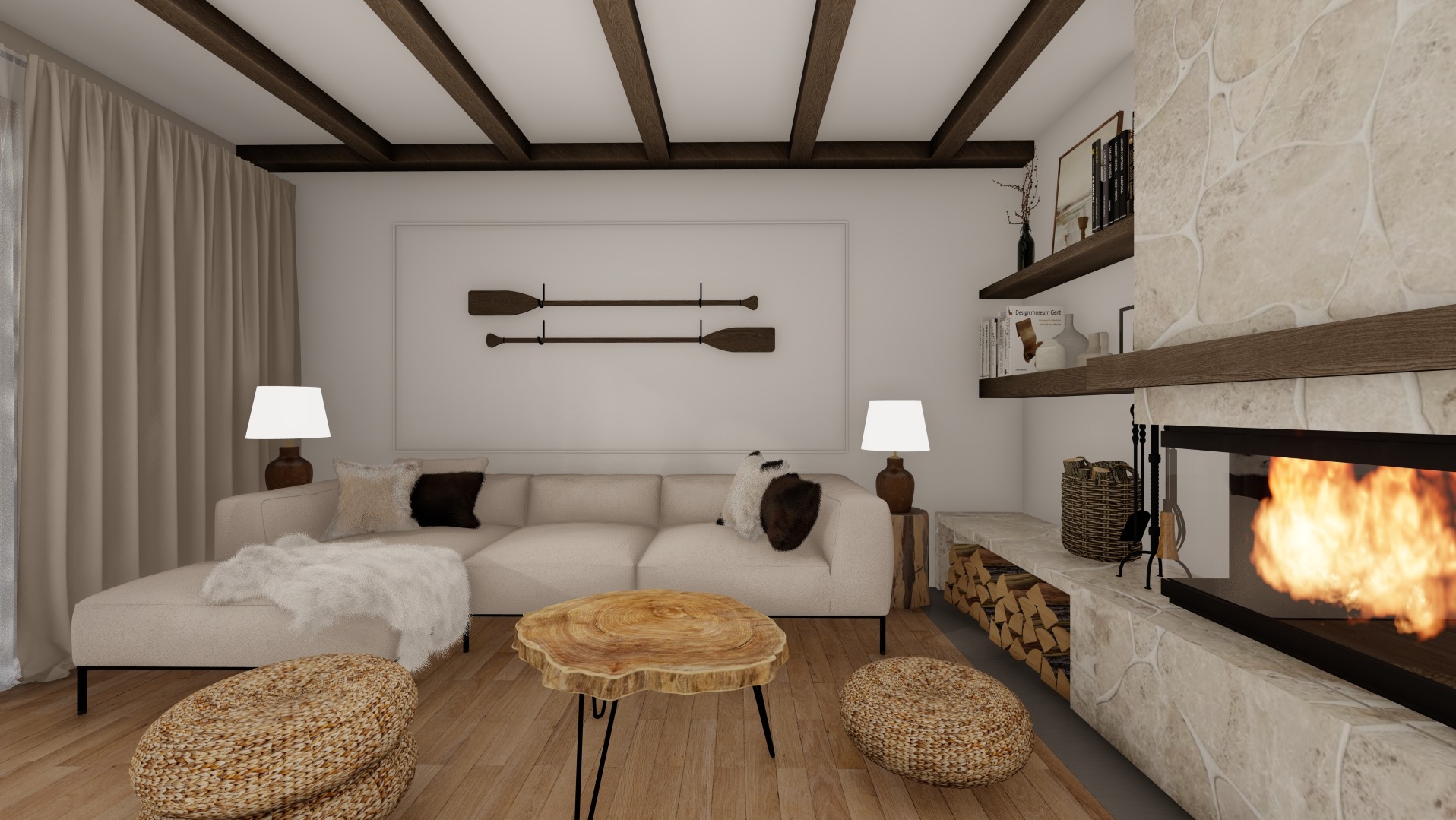 Wnętrze salonu w stylu rustykalnym z kominkiem obłożonym kamieniem, drewnianym stolikiem kawowym z blatem z plastra drewna, sofą w odcieniach beżu i dekoracyjnymi wiosłami na ścianie.