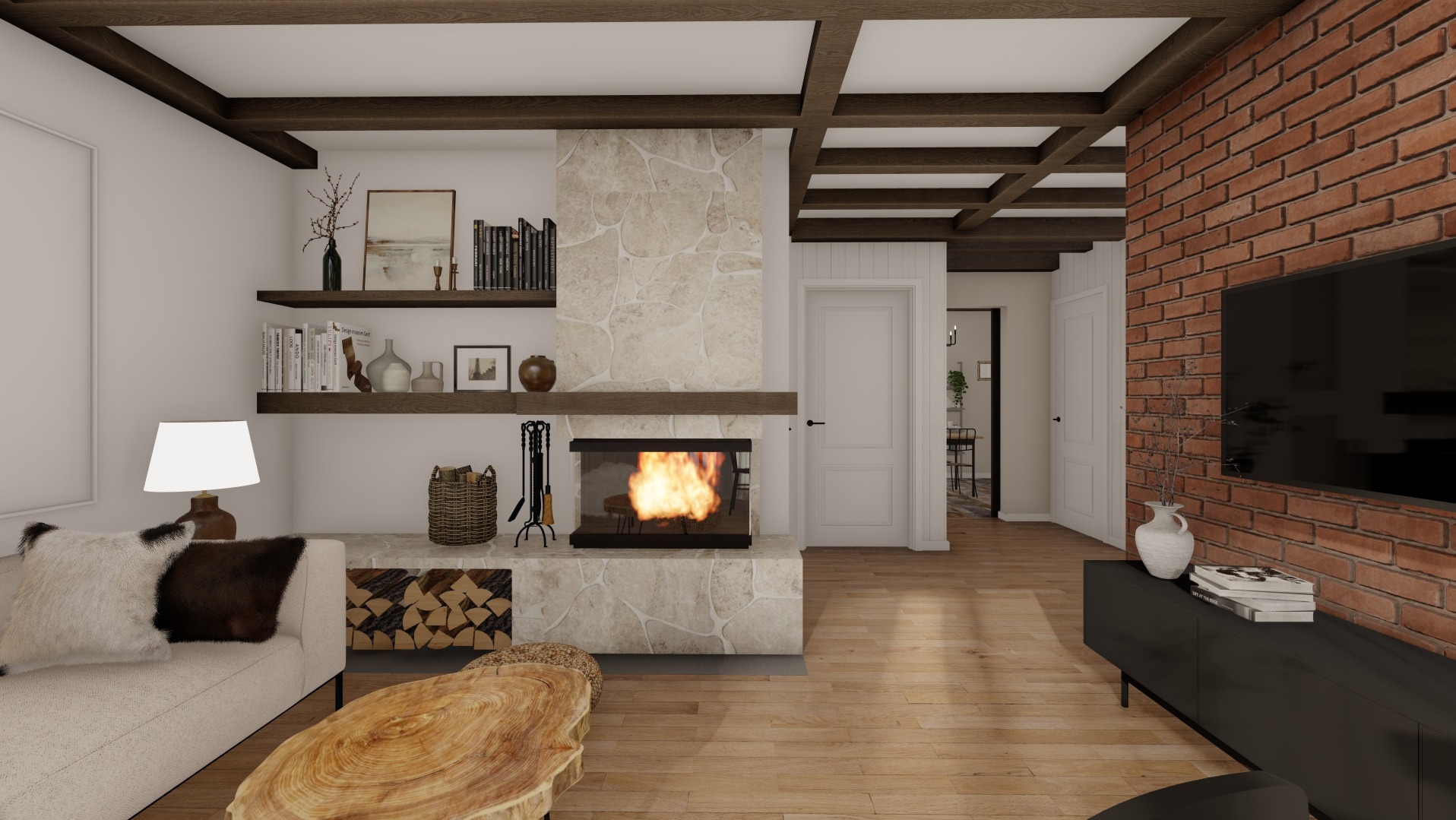 Salon z kominkiem obłożonym kamieniem, drewnianym blatem, ceglaną ścianą z telewizorem, drewnianymi belkami stropowymi i drewnianą podłogą.