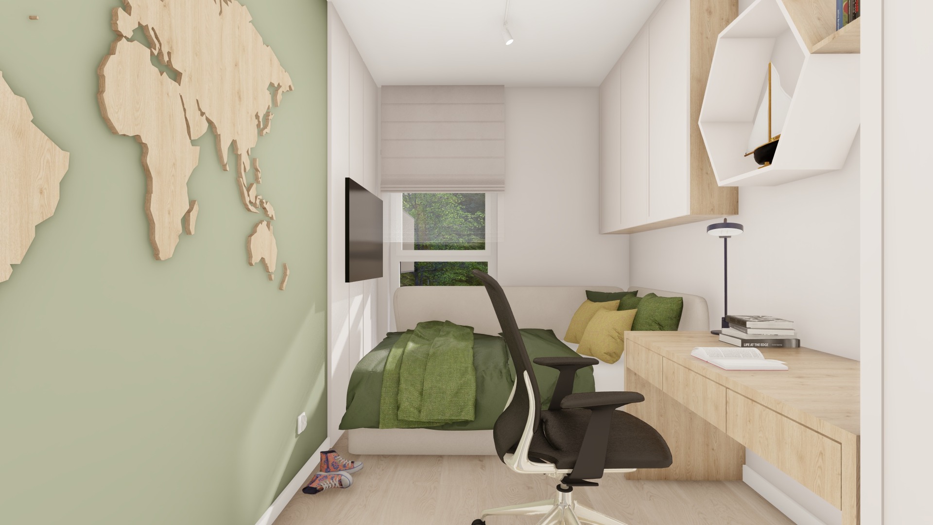 Wizualizacja pokoju młodzieżowego z łóżkiem, biurkiem z lampką, drewnianą mapą świata na oliwkowej ścianie i parą butów przy podłodze.