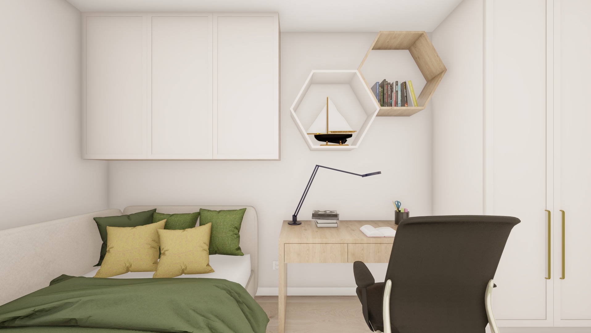 Wizualizacja pokoju młodzieżowego z łóżkiem, biurkiem i szafkami w kolorze białym, uzupełniona o heksagonalne półki z dekoracjami.