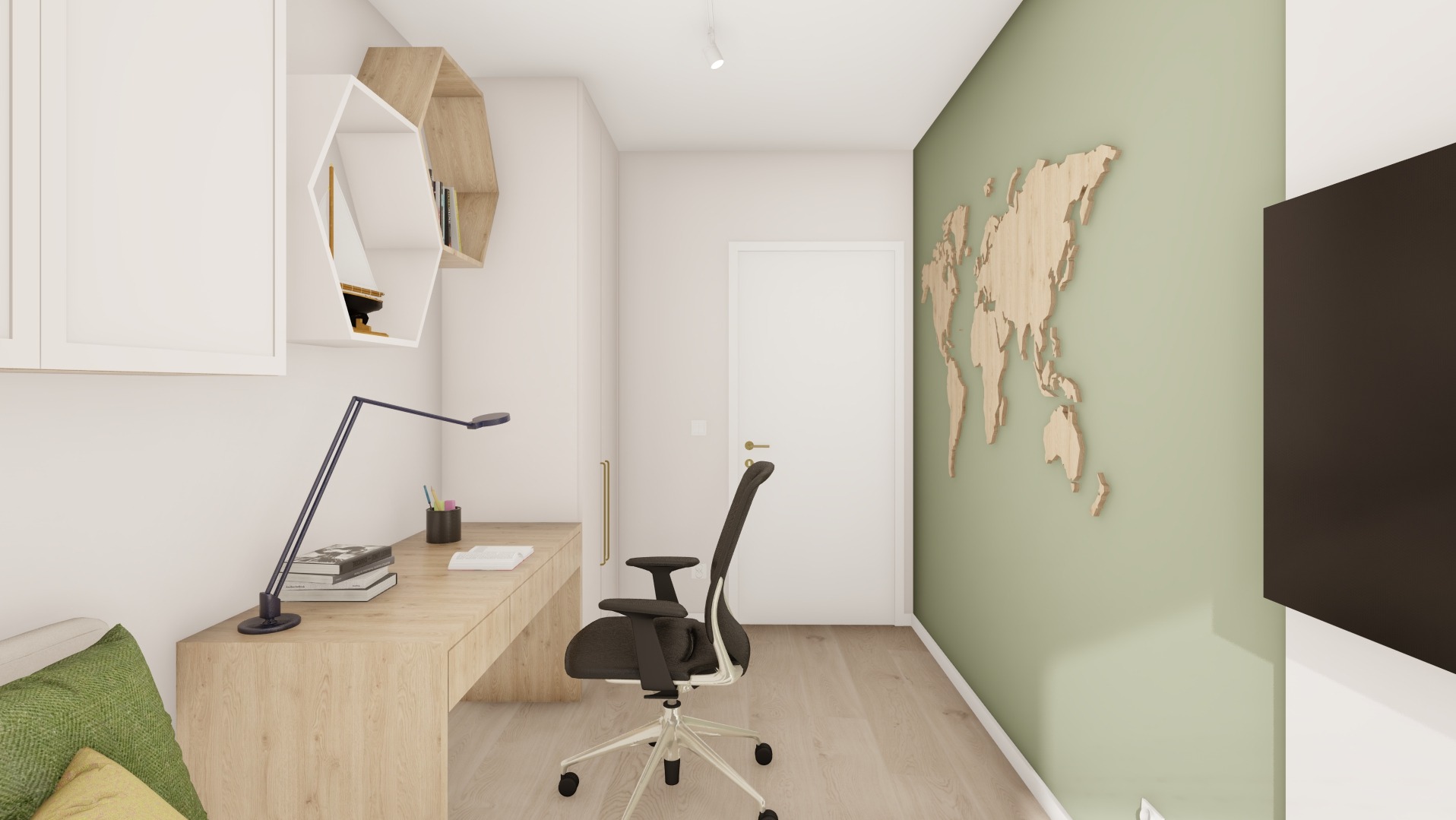 Wizualizacja pokoju z biurkiem z drewna, krzesłem biurowym, lampką, książkami i drewnianą mapą świata na zielonej ścianie.
