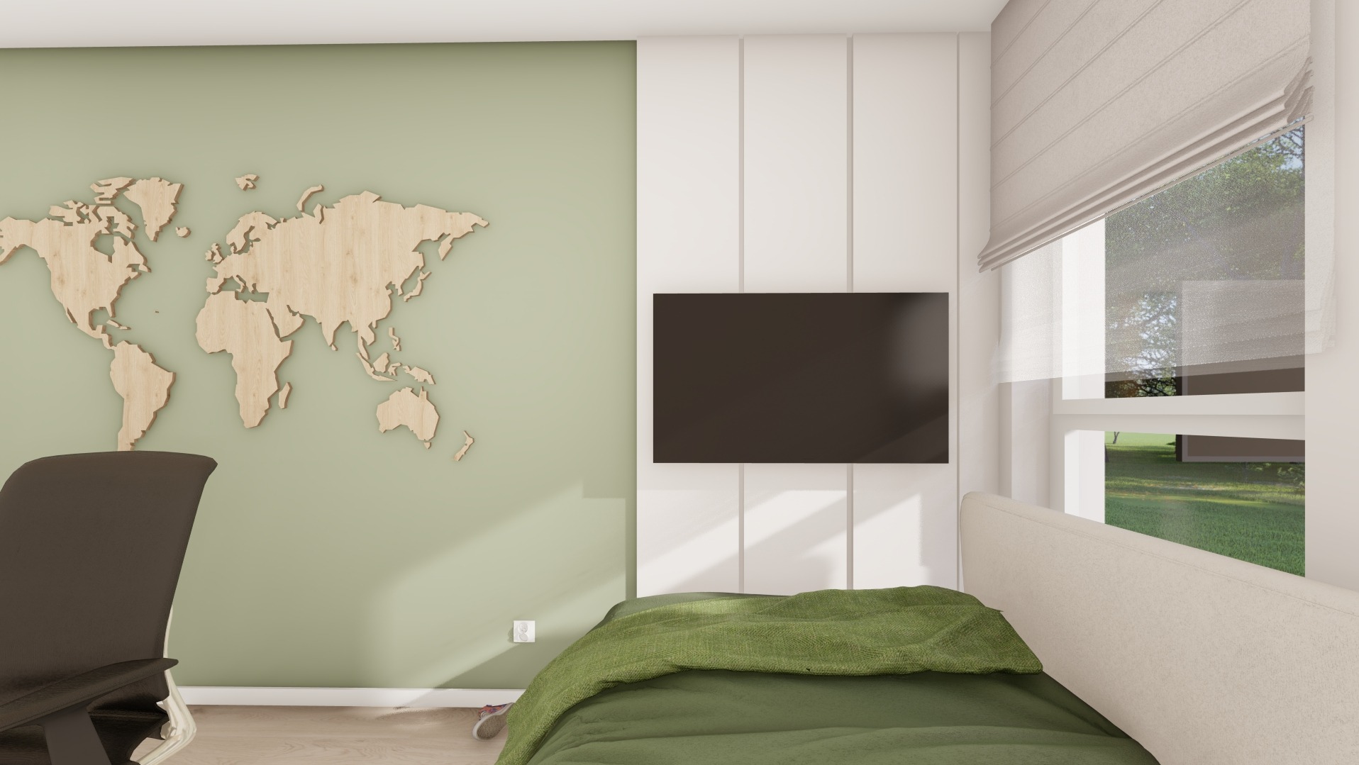 Wnętrze pokoju w Dołubowie z drewnianą mapą świata na oliwkowej ścianie, nowoczesnym telewizorem na białej ścianie z panelami, łóżkiem z zieloną narzutą i oknem z roletą rzymską.