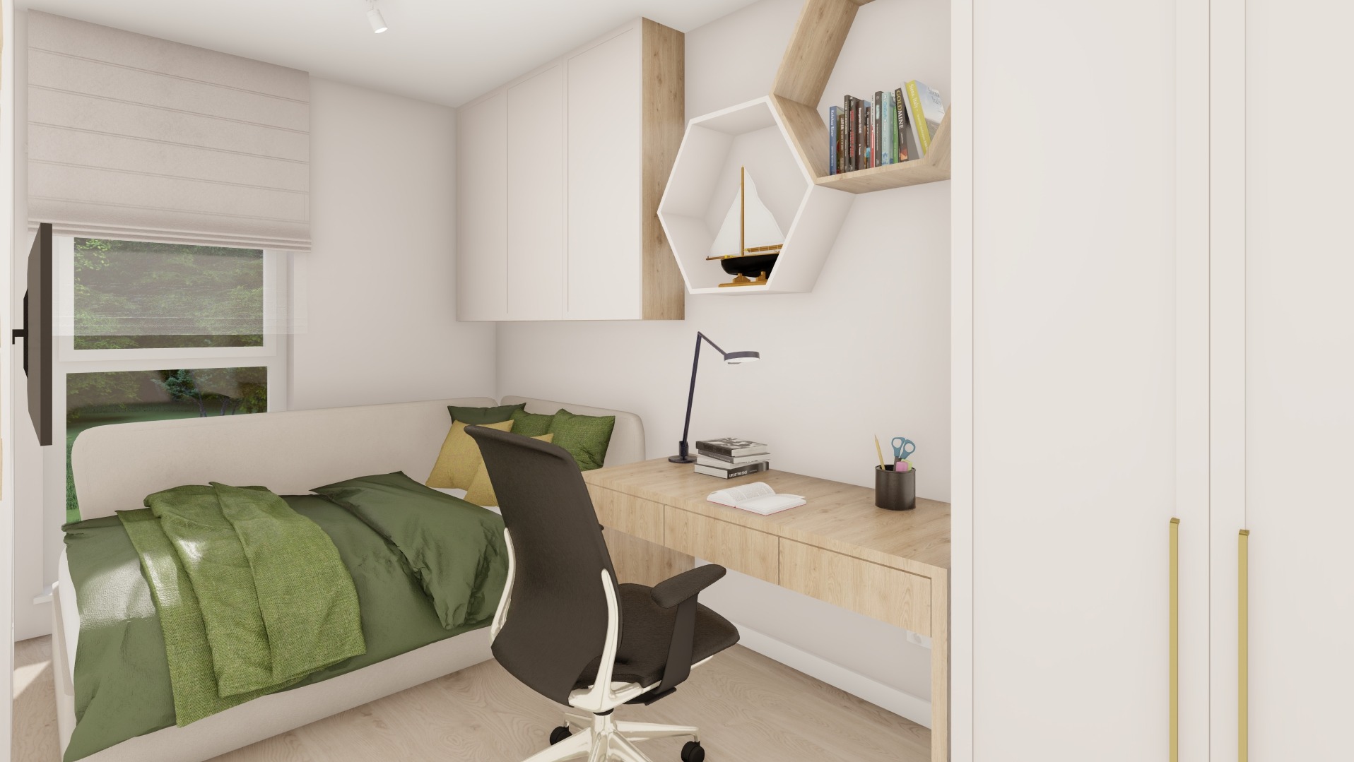 Wizualizacja pokoju młodzieżowego z biurkiem, łóżkiem i półkami w kształcie plastra miodu, utrzymana w jasnej kolorystyce z akcentami zieleni i drewna.