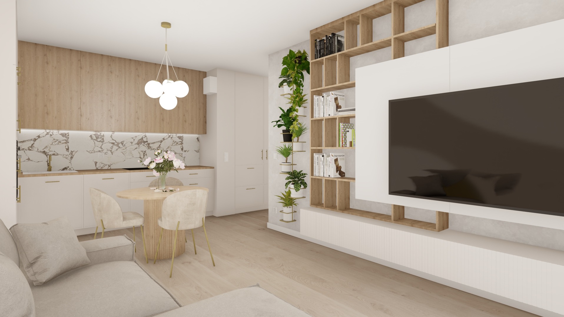 Wnętrze mieszkania: salon z aneksem kuchennym, jasne meble, drewniane akcenty, okrągły stół z kwiatami, regał z książkami i roślinami doniczkowymi, duży telewizor.