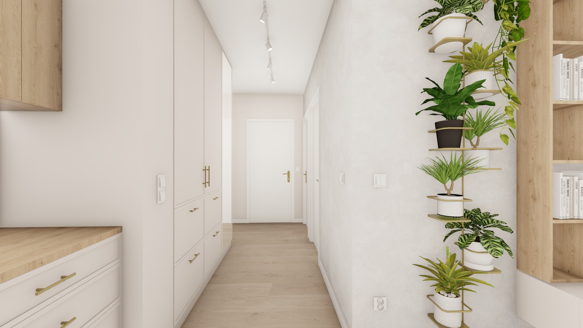 Wnętrze mieszkania z elementami drewnianymi: szafki kuchenne z blatem, wysoka zabudowa szaf w korytarzu z złotymi uchwytami, dekoracyjna półka ścienna z roślinami doniczkowymi i regał z książkami...