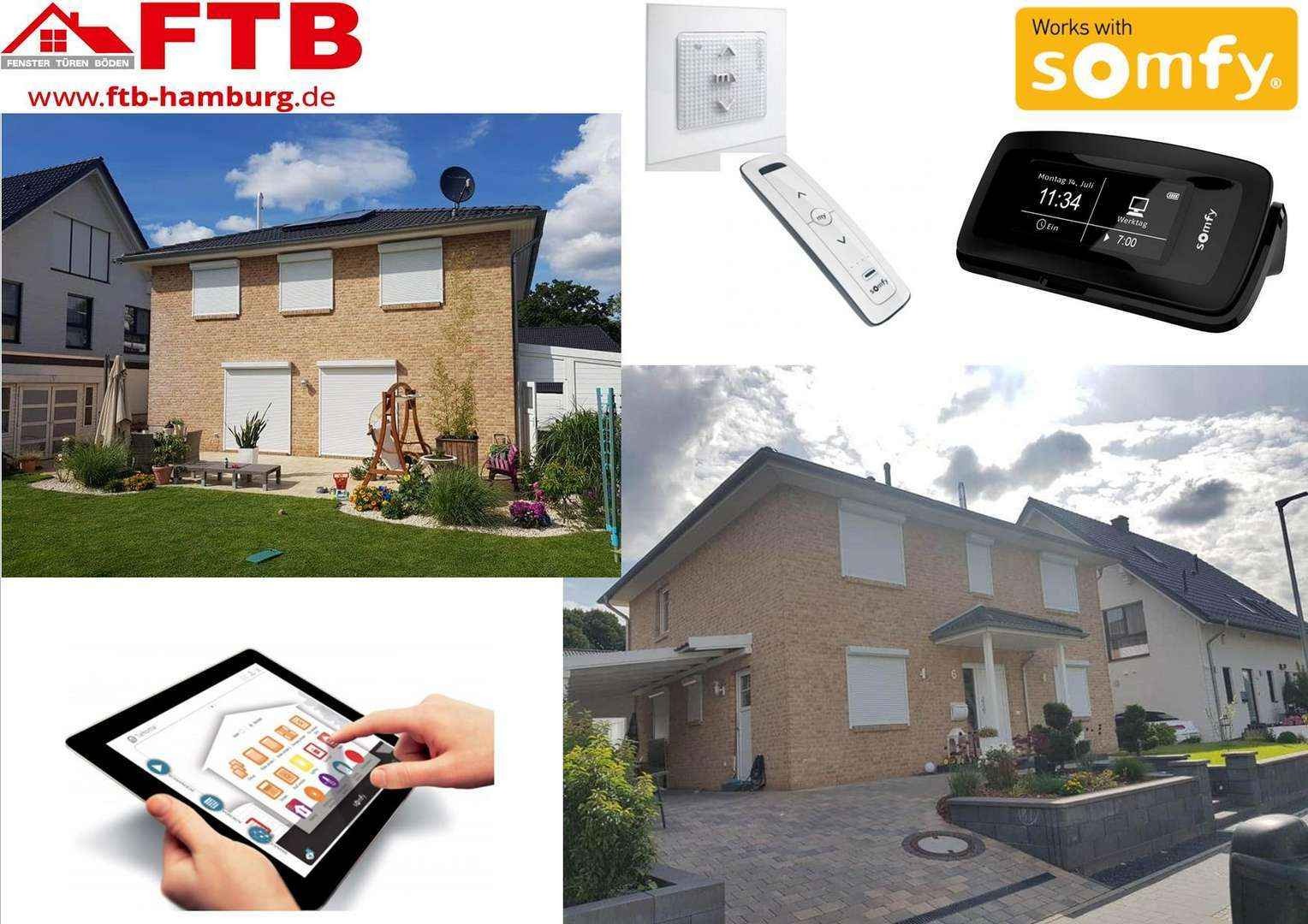 Dom jednorodzinny z cegły z białymi roletami zewnętrznymi, sterowanie roletami za pomocą tabletu, pilota i panelu ściennego, logo firmy w lewym górnym rogu, informacja o kompatybilności z systemem...