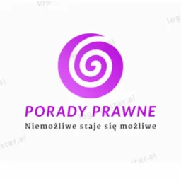 Logo firmy prawniczej z fioletowym spiralnym symbolem i napisem 'Porady Prawne. Niemożliwe staje się możliwe' na białym tle.