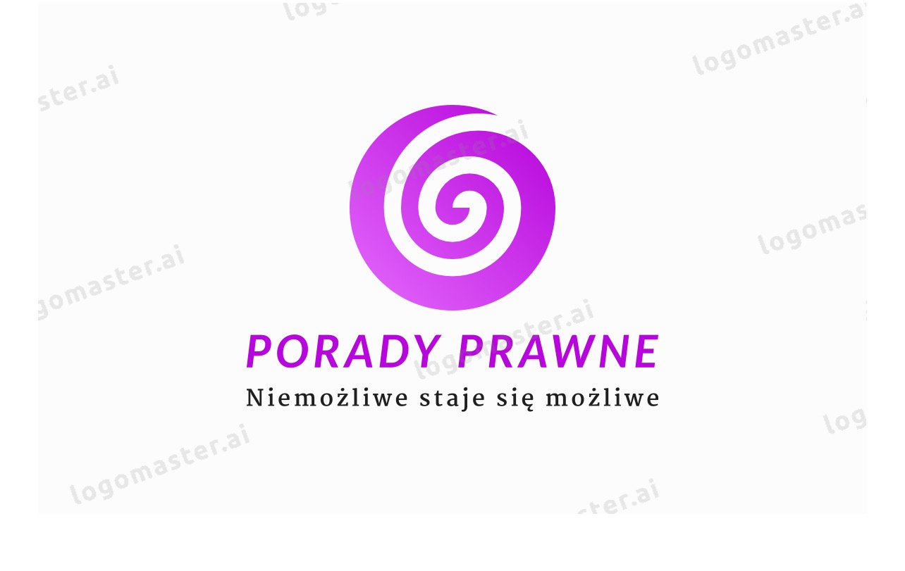 Logo firmy prawniczej z fioletowym spiralnym symbolem i napisem 'Porady Prawne. Niemożliwe staje się możliwe' na białym tle.