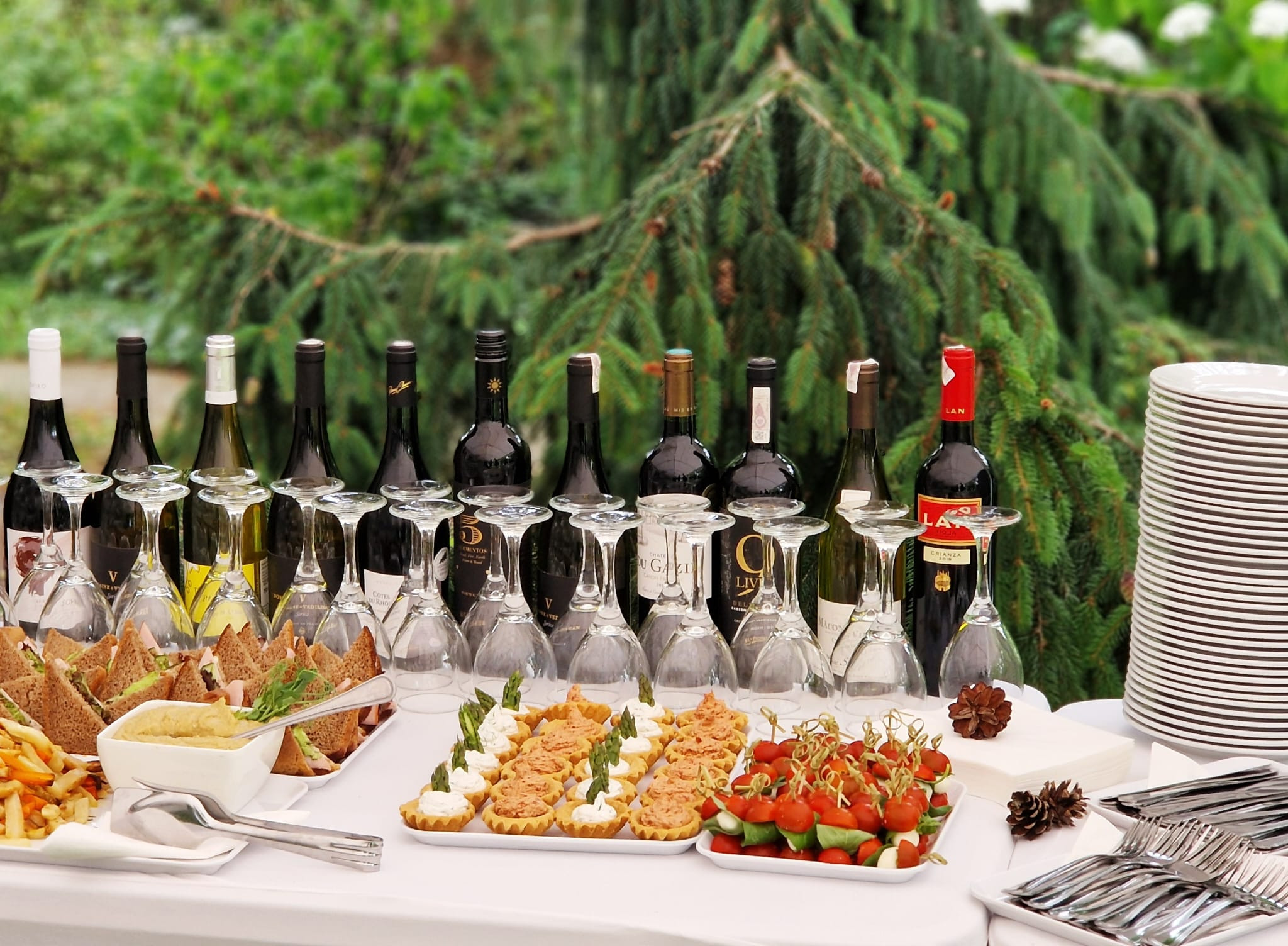 Stół z białym obrusem zastawiony butelkami wina, kieliszkami, kanapeczkami, tartaletkami i koreczkami z pomidorków koktajlowych i bazylii, na tle zielonego iglastego drzewa.