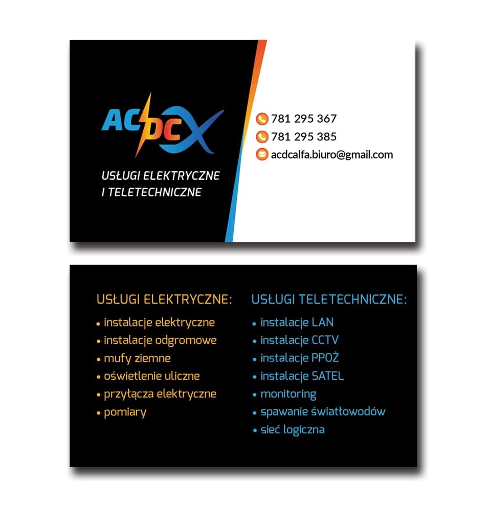 Dwustronna wizytówka firmy oferującej usługi elektryczne i teletechniczne. Na ciemnym tle logo firmy oraz dane kontaktowe, a na drugiej stronie szczegółowy spis oferowanych usług, takich jak...