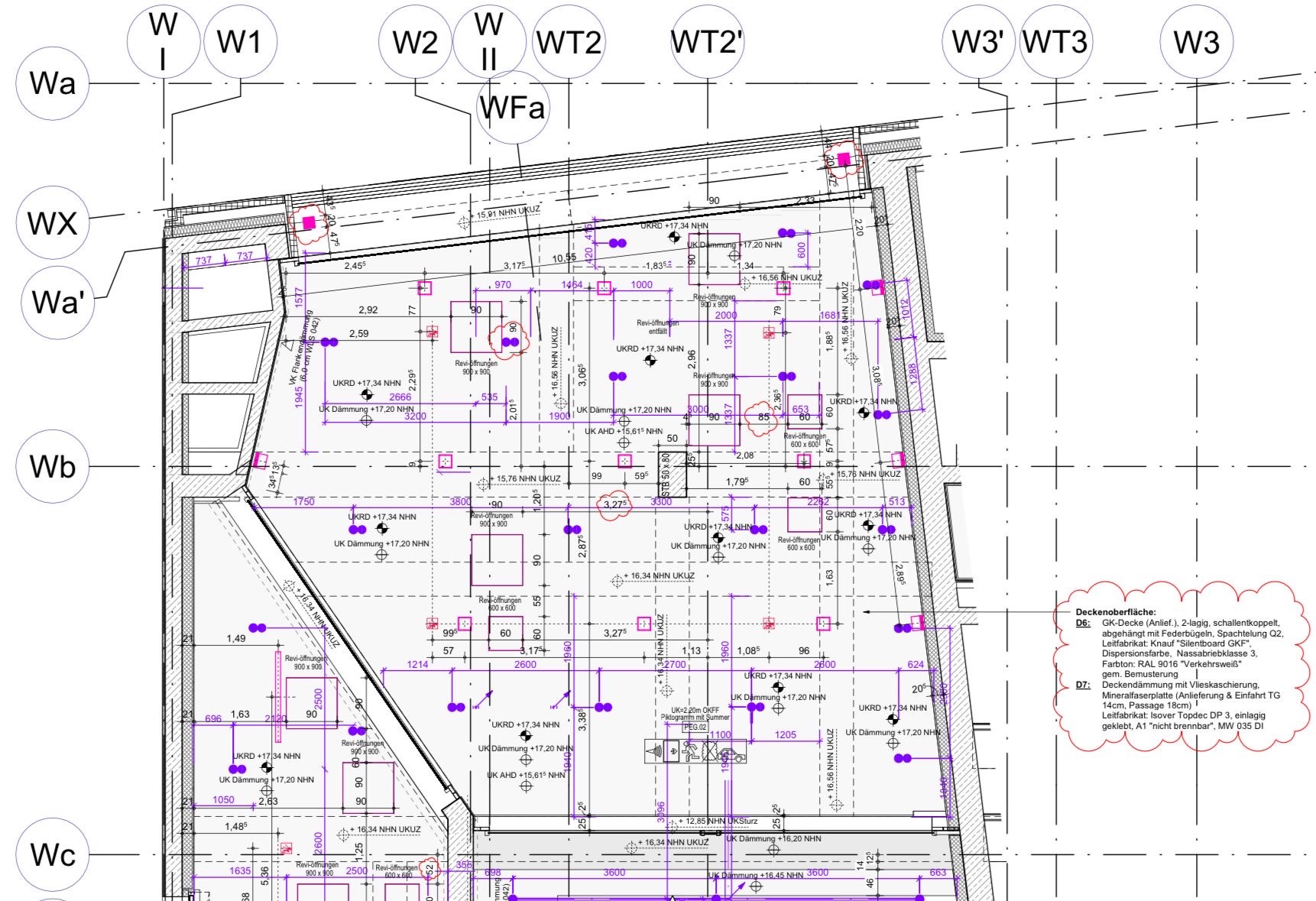 Techniczny rysunek architektoniczny przedstawiający plan sufitu z wymiarami, oznaczeniami i notatkami dotyczącymi izolacji, otworów rewizyjnych i wykończenia płytami gipsowo-kartonowymi.