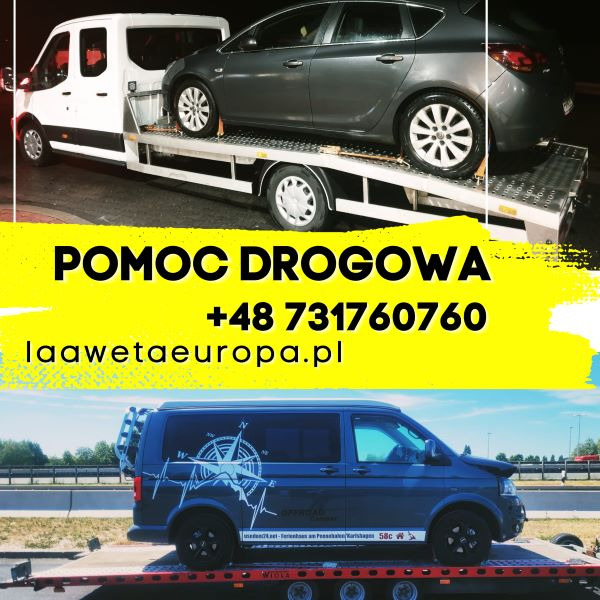 Dwa samochody na lawetach: szary osobowy na białej lawecie i niebieski bus z kompasem na lawecie pomarańczowej. Widoczny napis 'POMOC DROGOWA', numer telefonu i adres strony internetowej.