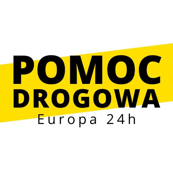 Logo firmy oferującej pomoc drogową w Europie 24h, z napisem 'POMOC DROGOWA' na żółtym tle.