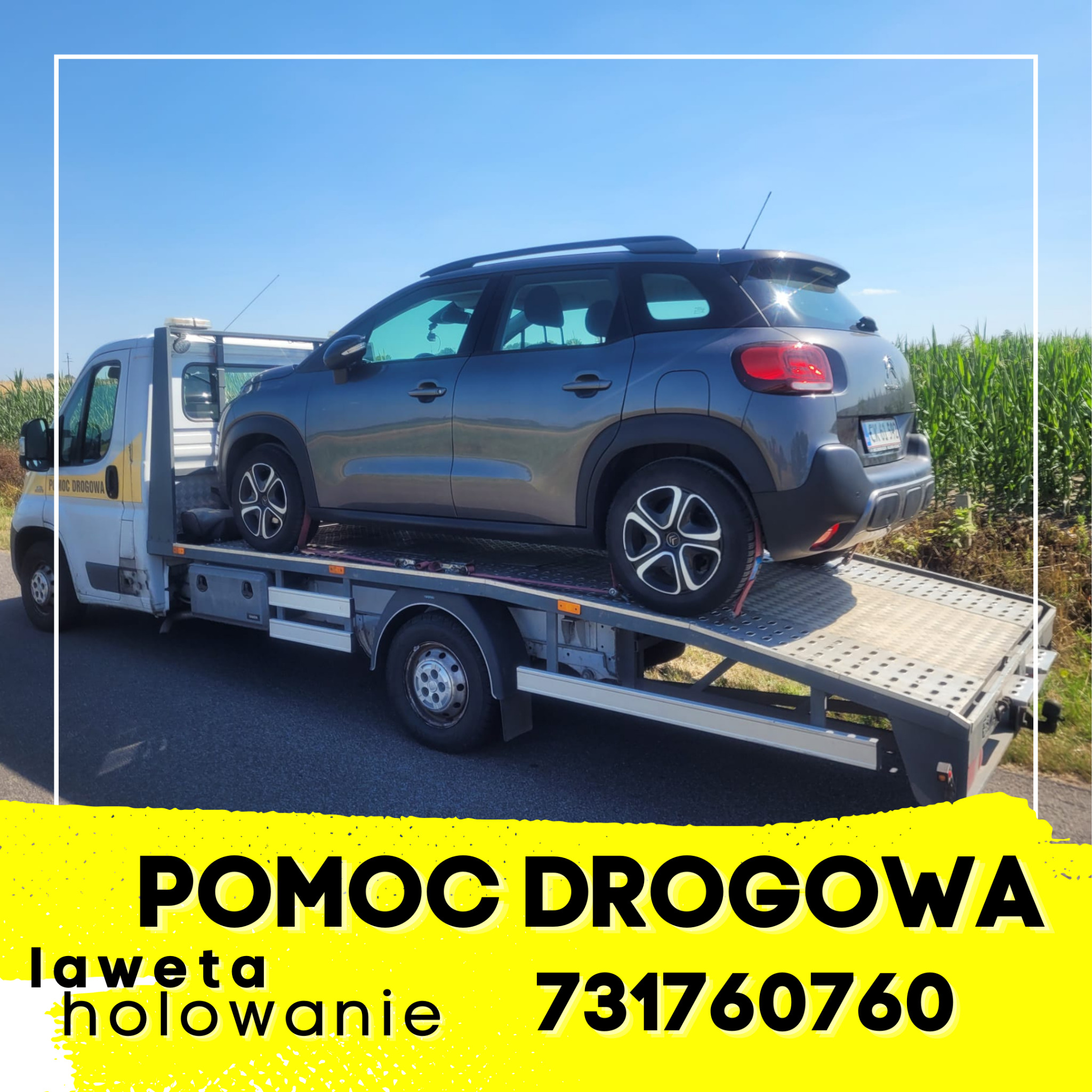 Szary samochód typu crossover na platformie lawety, widok z boku na tle pola kukurydzy i błękitnego nieba.