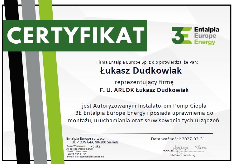 Certyfikat autoryzacji instalatora pomp ciepła firmy Entalpia Europe Energy dla Łukasza Dudkowiaka, potwierdzający uprawnienia do montażu, uruchamiania i serwisowania urządzeń.
